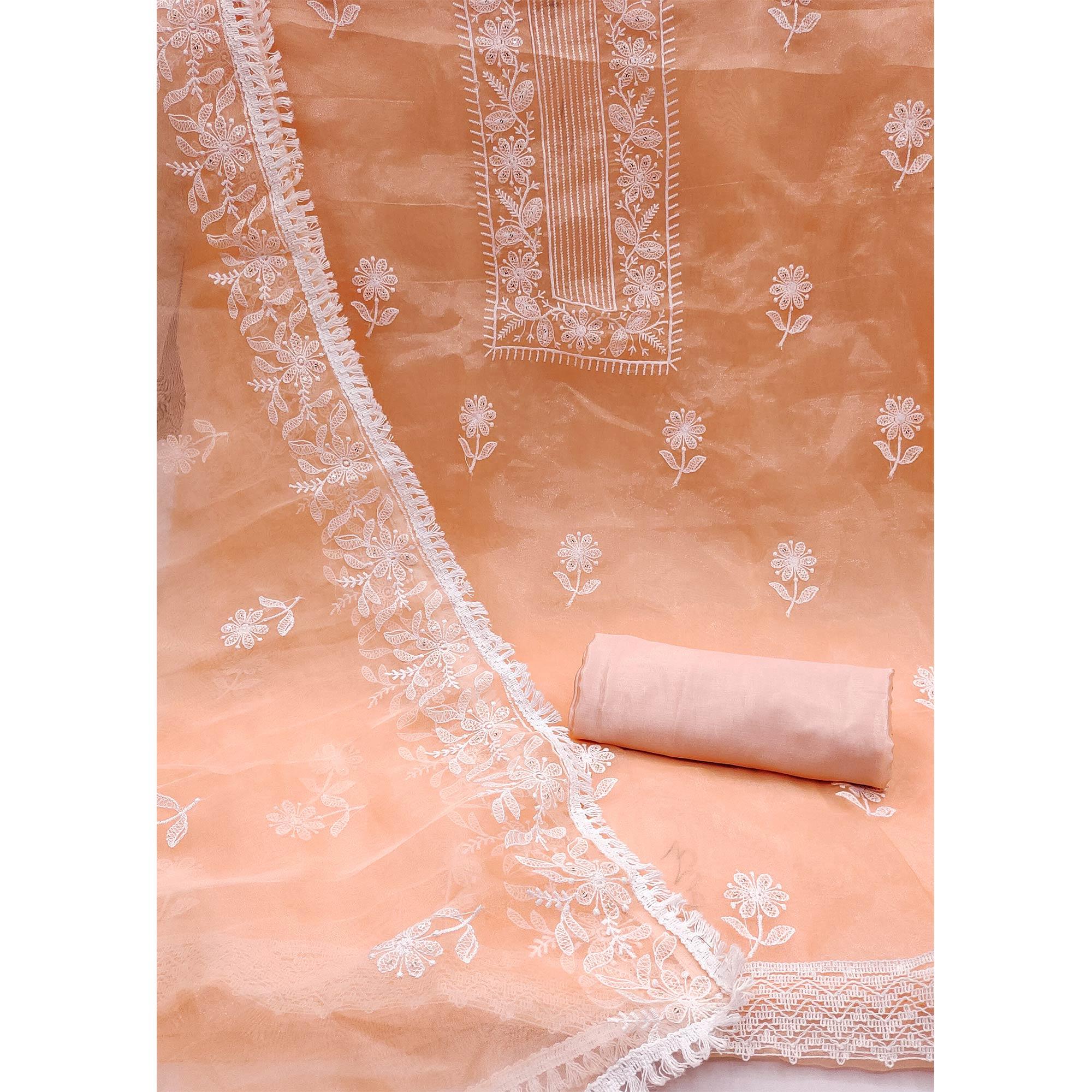 Peach Floral Embroidered Organza Dress Material - Peachmode