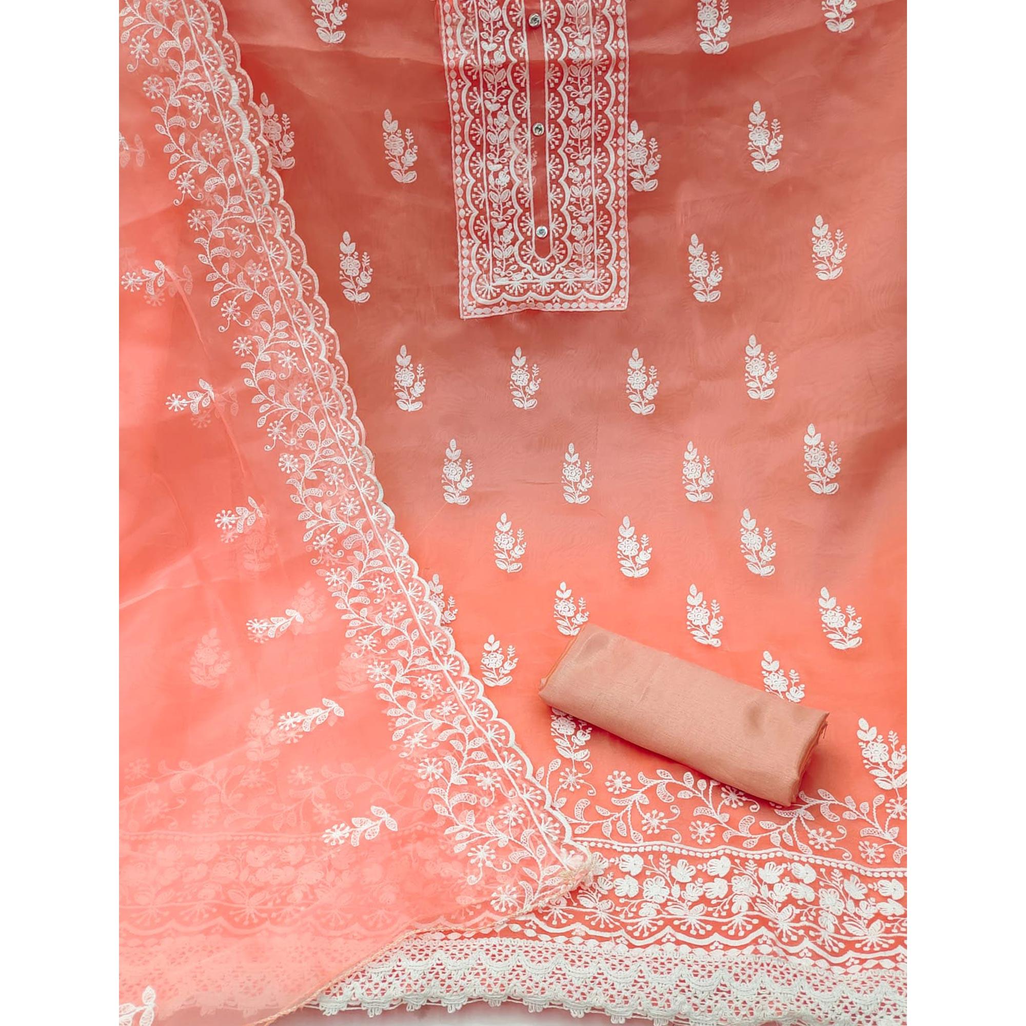 Peach Floral Embroidered Organza Dress Material - Peachmode