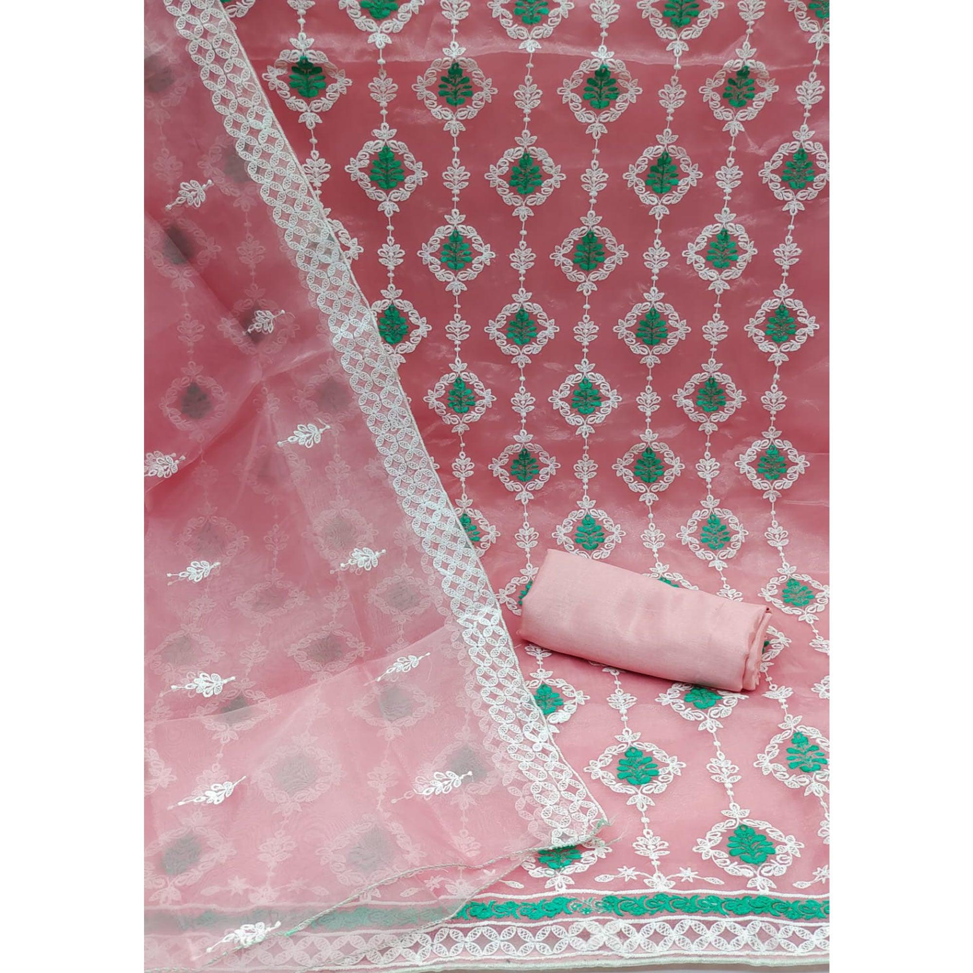 Peach Floral Embroidered Organza Dress Material - Peachmode