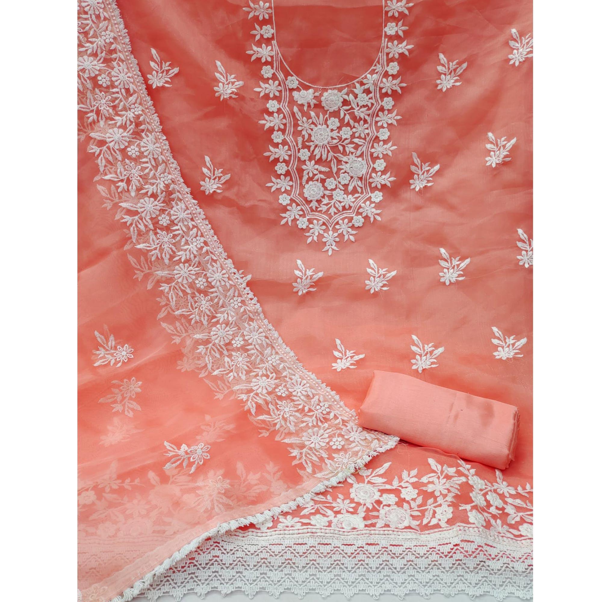 Peach Floral Embroidered Organza Dress Material - Peachmode