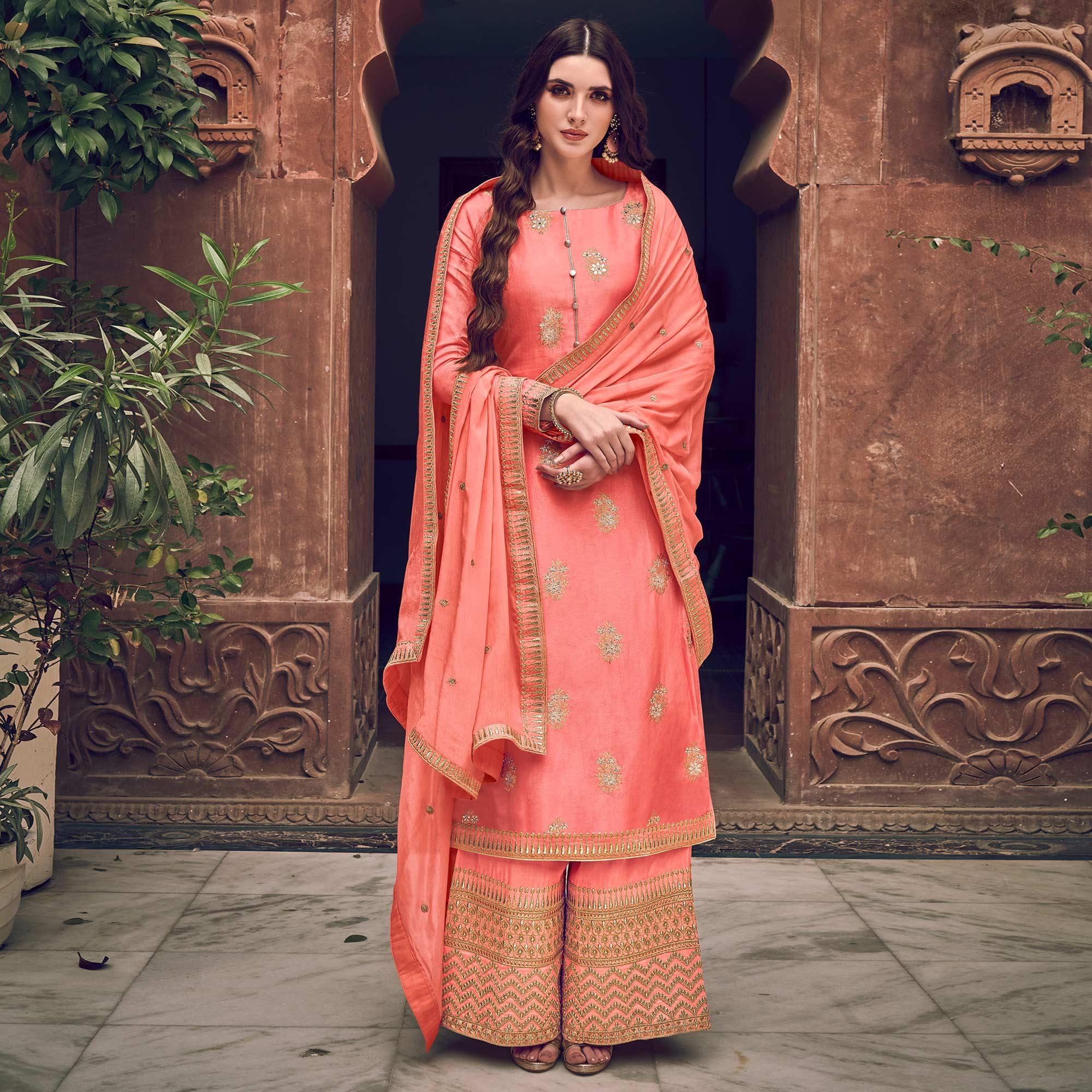 Peach Floral Embroidered Pure Dola Jacquard Partywear Suit - Peachmode