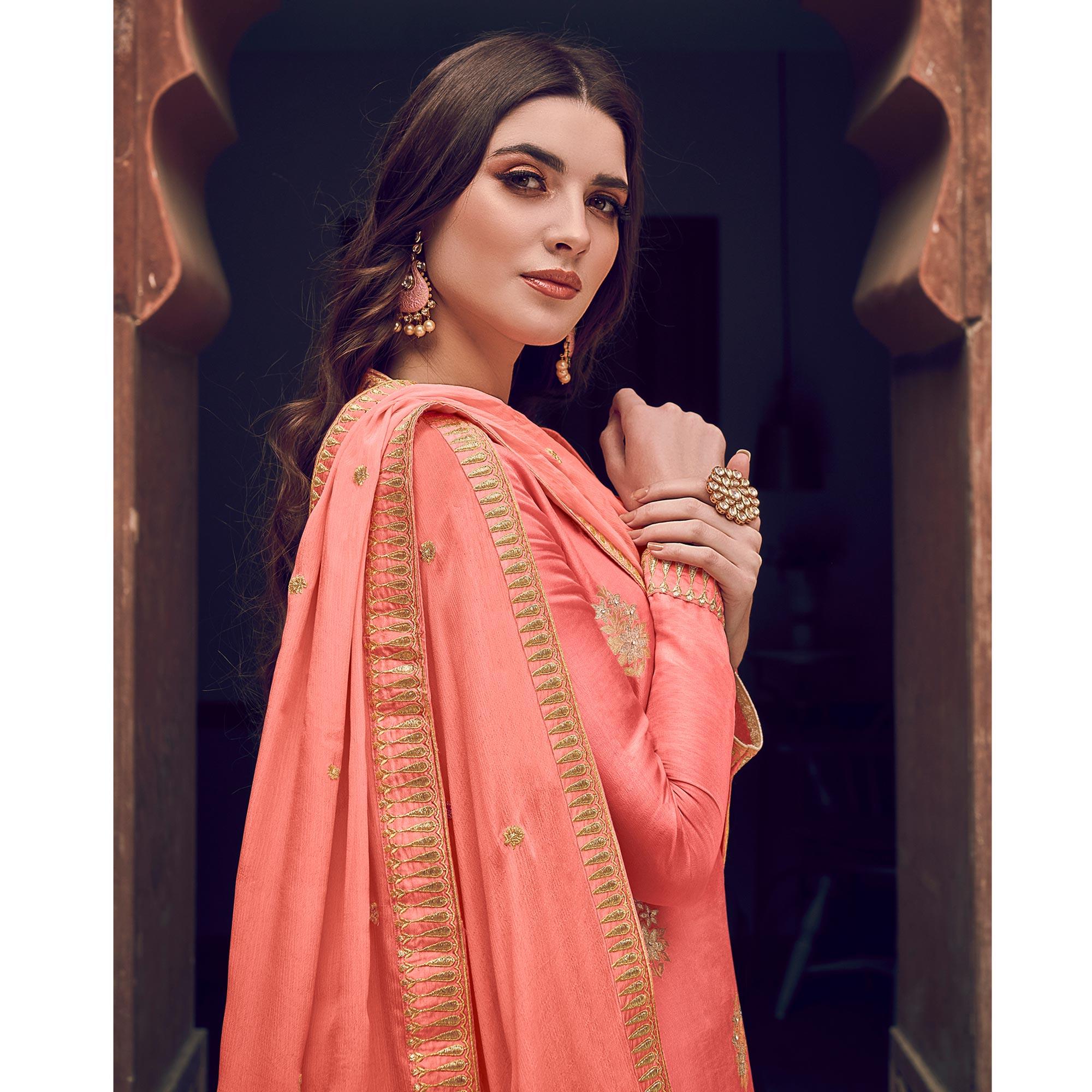 Peach Floral Embroidered Pure Dola Jacquard Partywear Suit - Peachmode