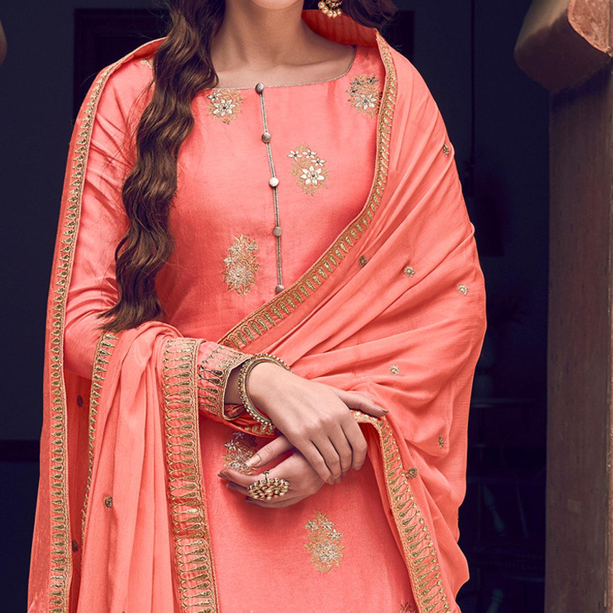 Peach Floral Embroidered Pure Dola Jacquard Partywear Suit - Peachmode