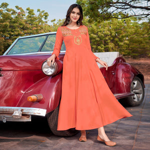 Peach Floral Embroidered Rayon Gown - Peachmode