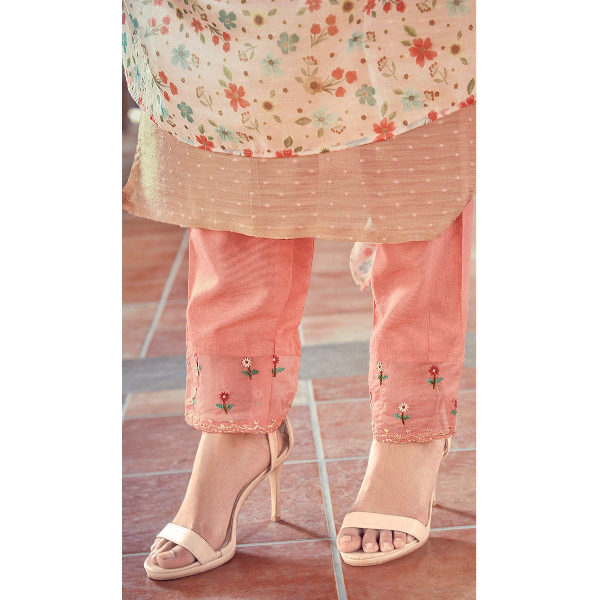 Peach Floral Embroidered Viscose Kurti - Pant Set With Dupatta - Peachmode