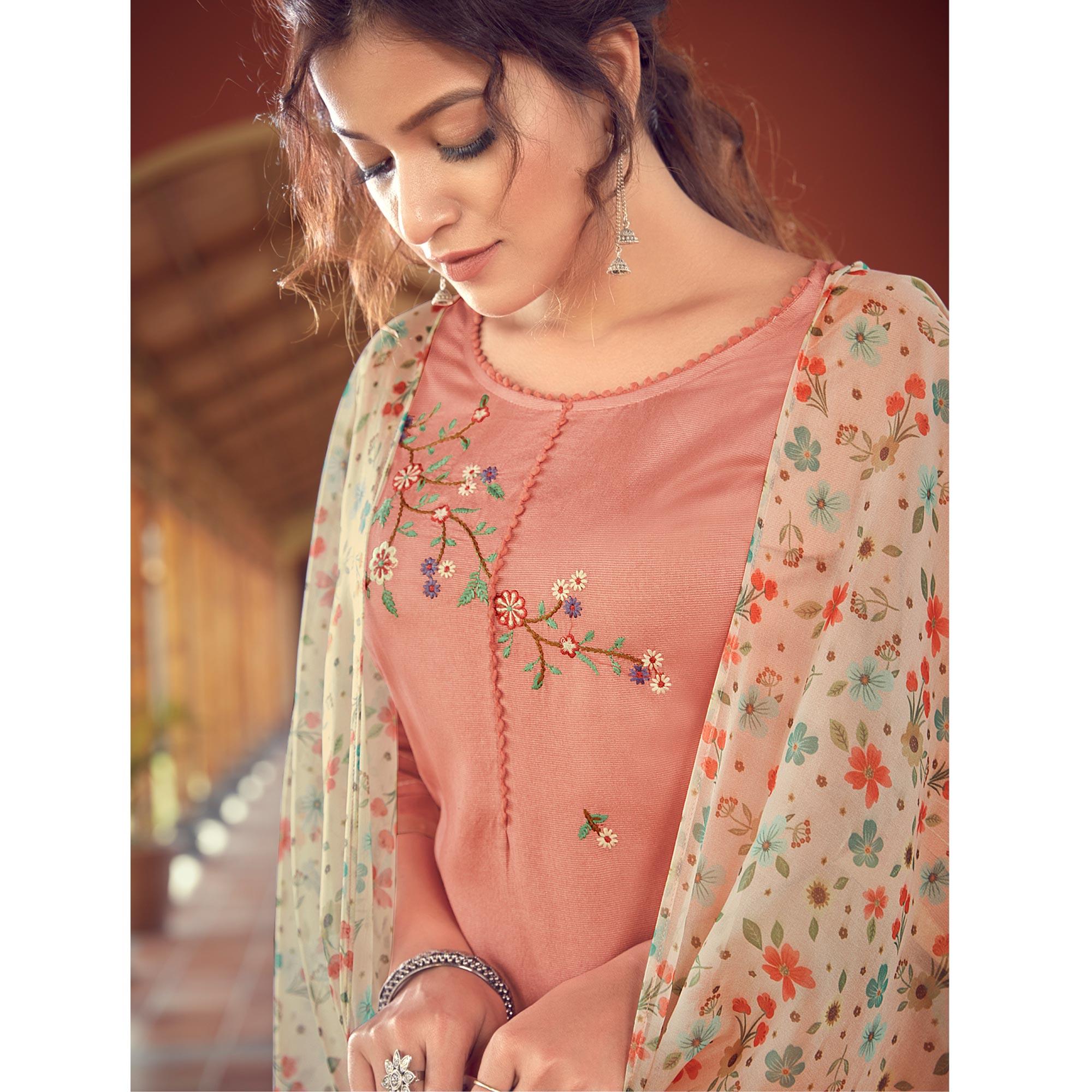 Peach Floral Embroidered Viscose Kurti - Pant Set With Dupatta - Peachmode