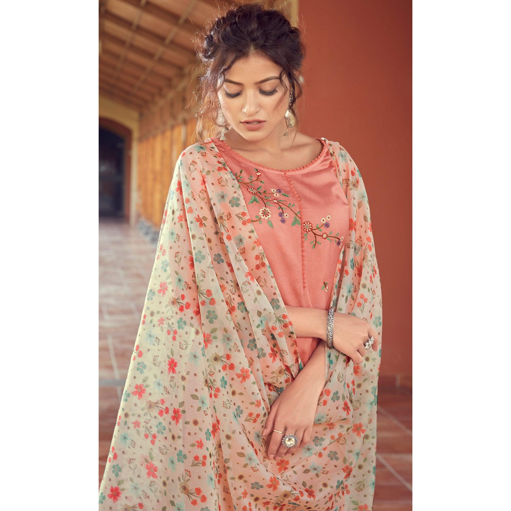Peach Floral Embroidered Viscose Kurti - Pant Set With Dupatta - Peachmode