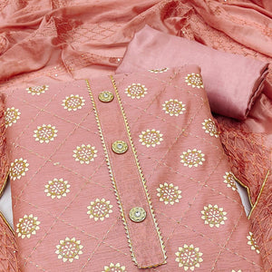 Peach Floral Embroidered With Gota Patti Chanderi Dress Material - Peachmode