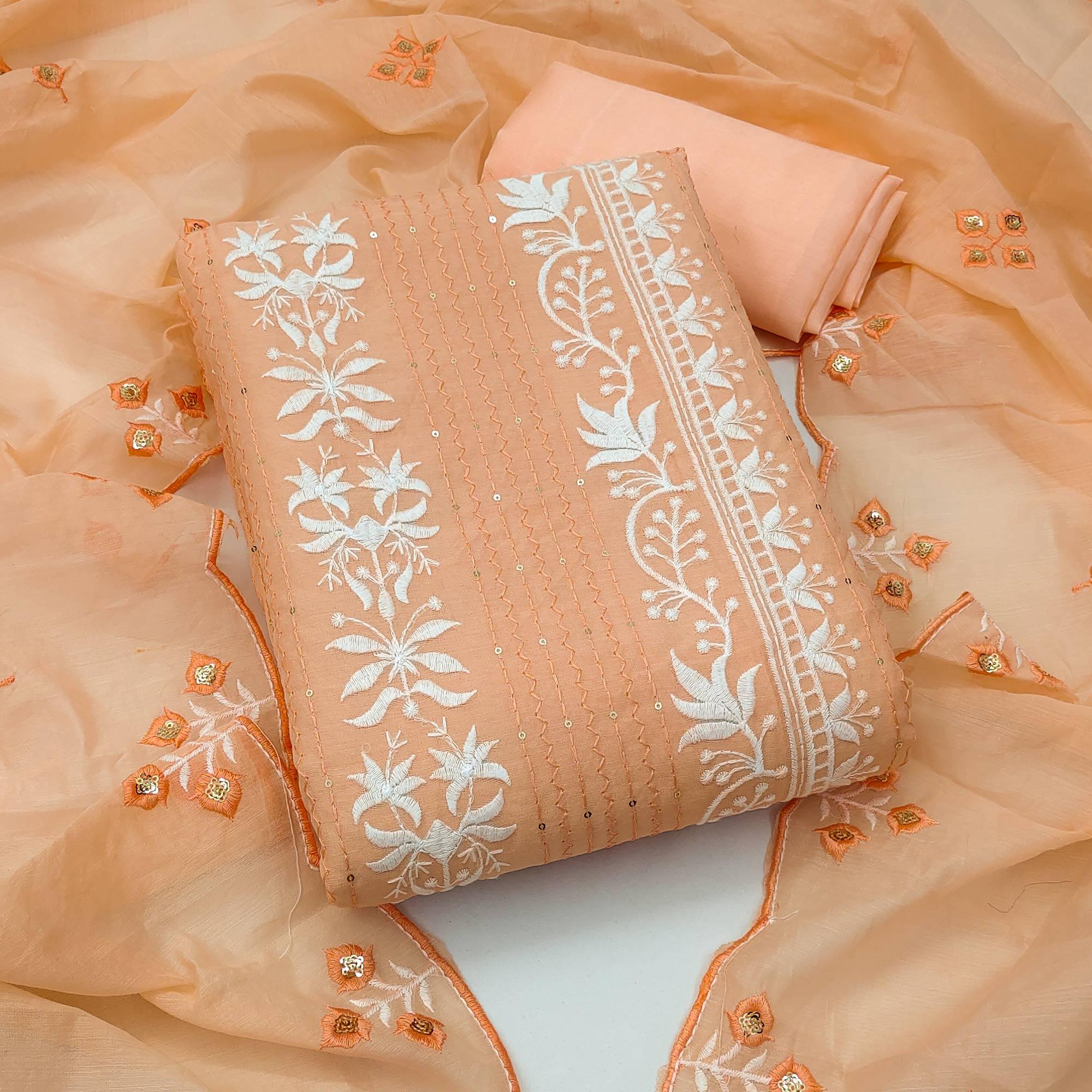Peach Floral Embroidered With Sequence Chanderi Dress Material - Peachmode
