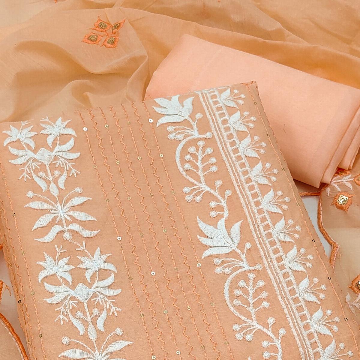 Peach Floral Embroidered With Sequence Chanderi Dress Material - Peachmode