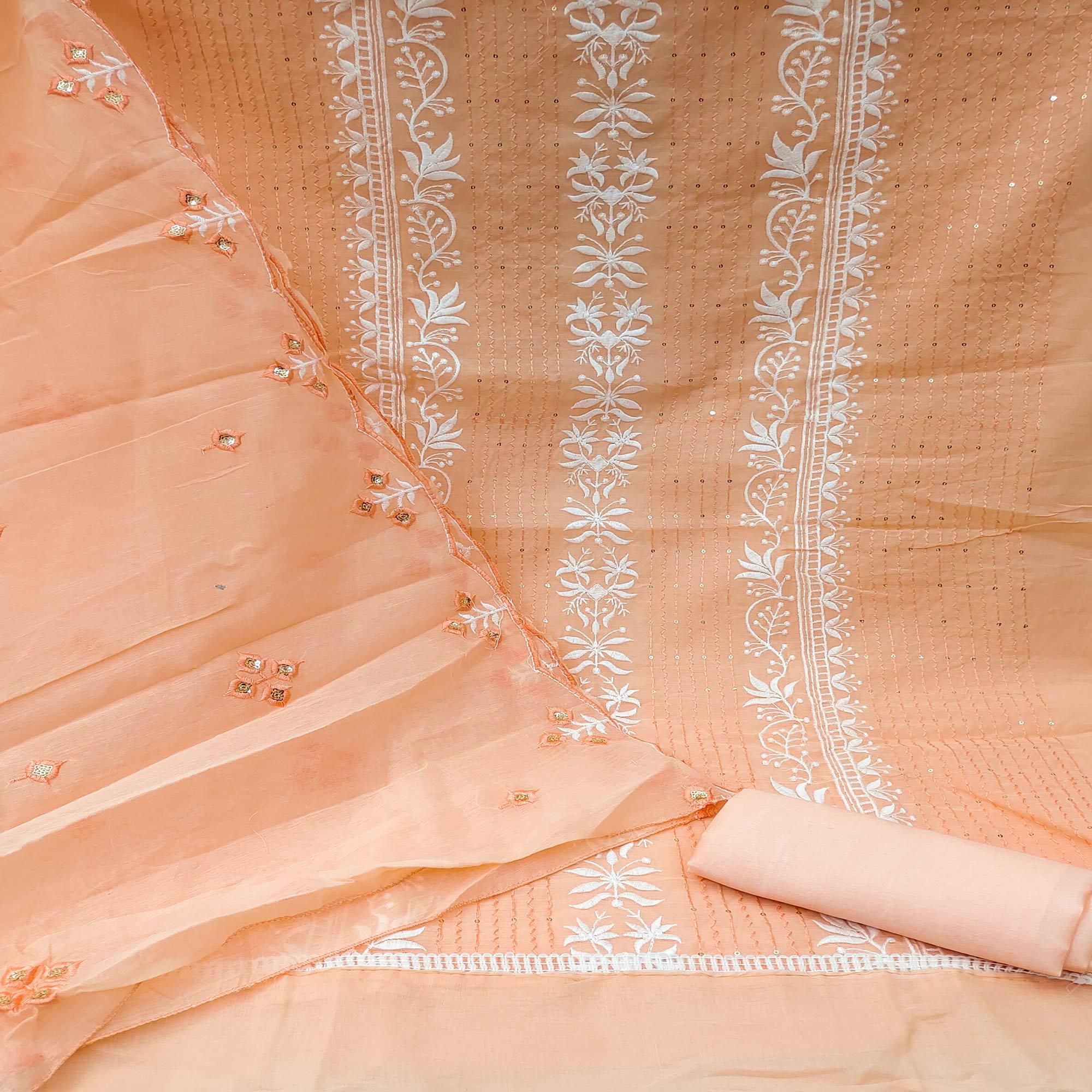 Peach Floral Embroidered With Sequence Chanderi Dress Material - Peachmode