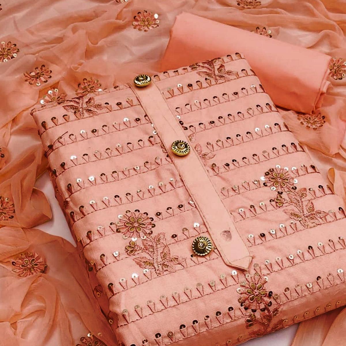 Peach Floral Embroidered With Sequence Poly Cotton Dress Material - Peachmode