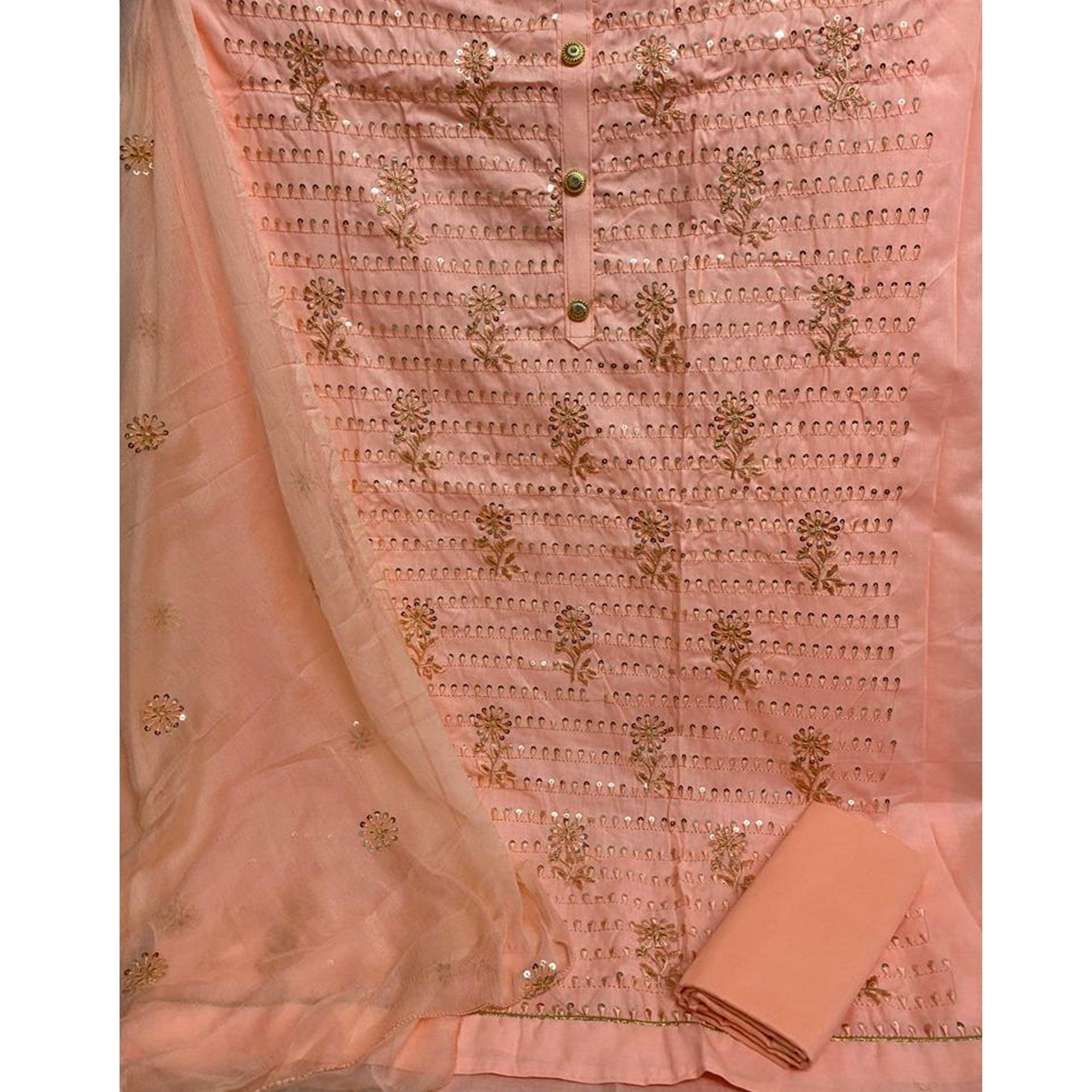 Peach Floral Embroidered With Sequence Poly Cotton Dress Material - Peachmode