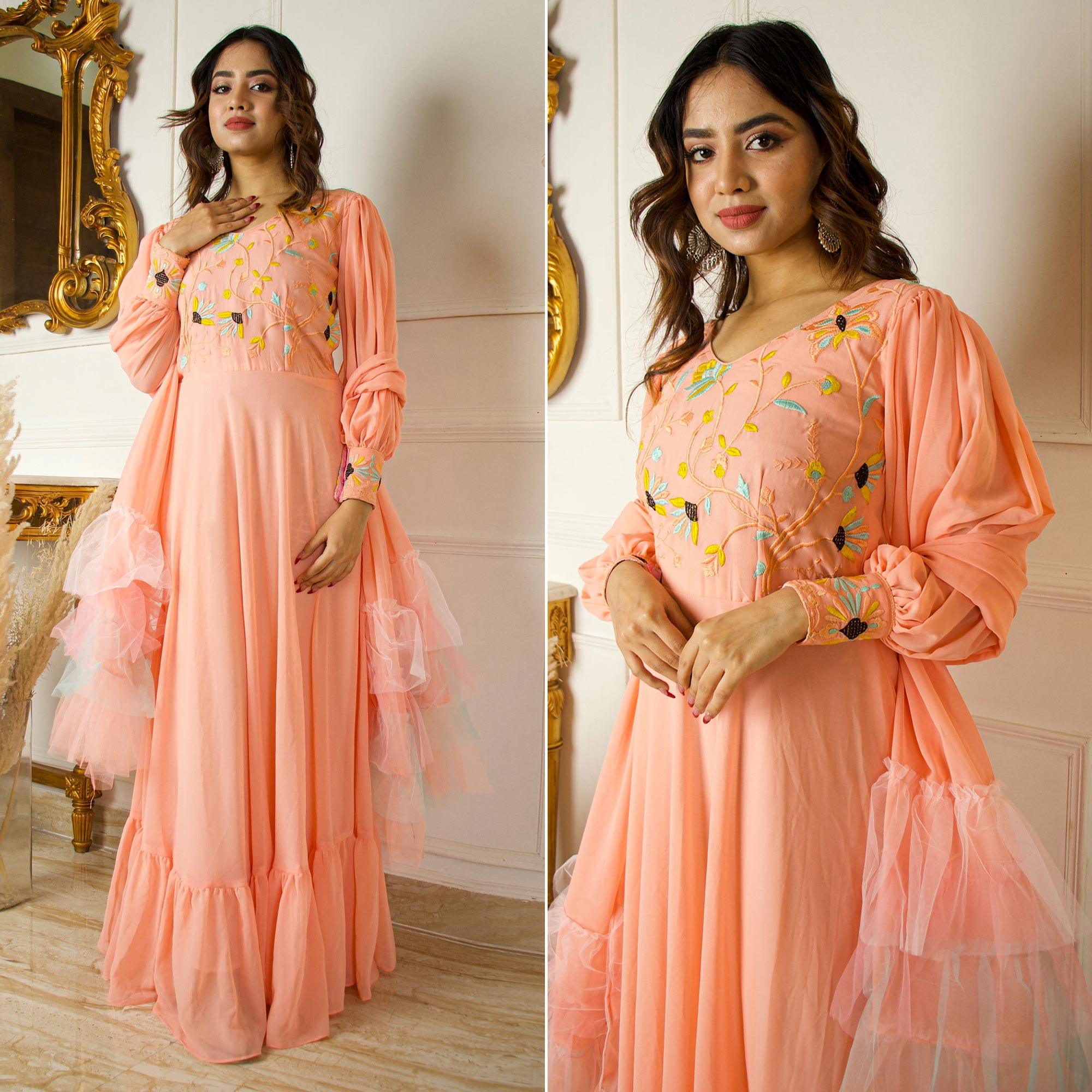 Peach Floral Embroidered With Side Open Sleeves Georgette Partywear Gown - Peachmode