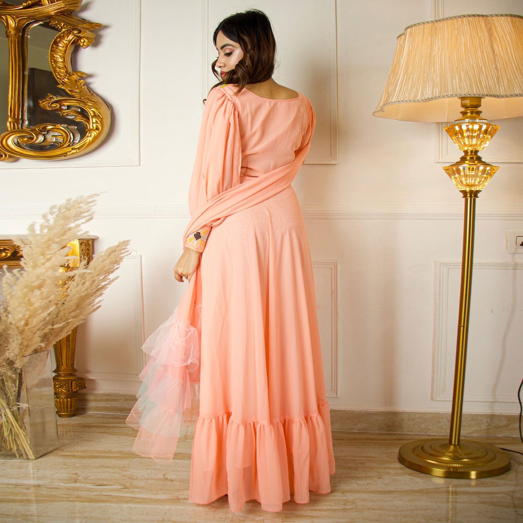 Embroidered Net Flared Gown in Light Pink : TFM50