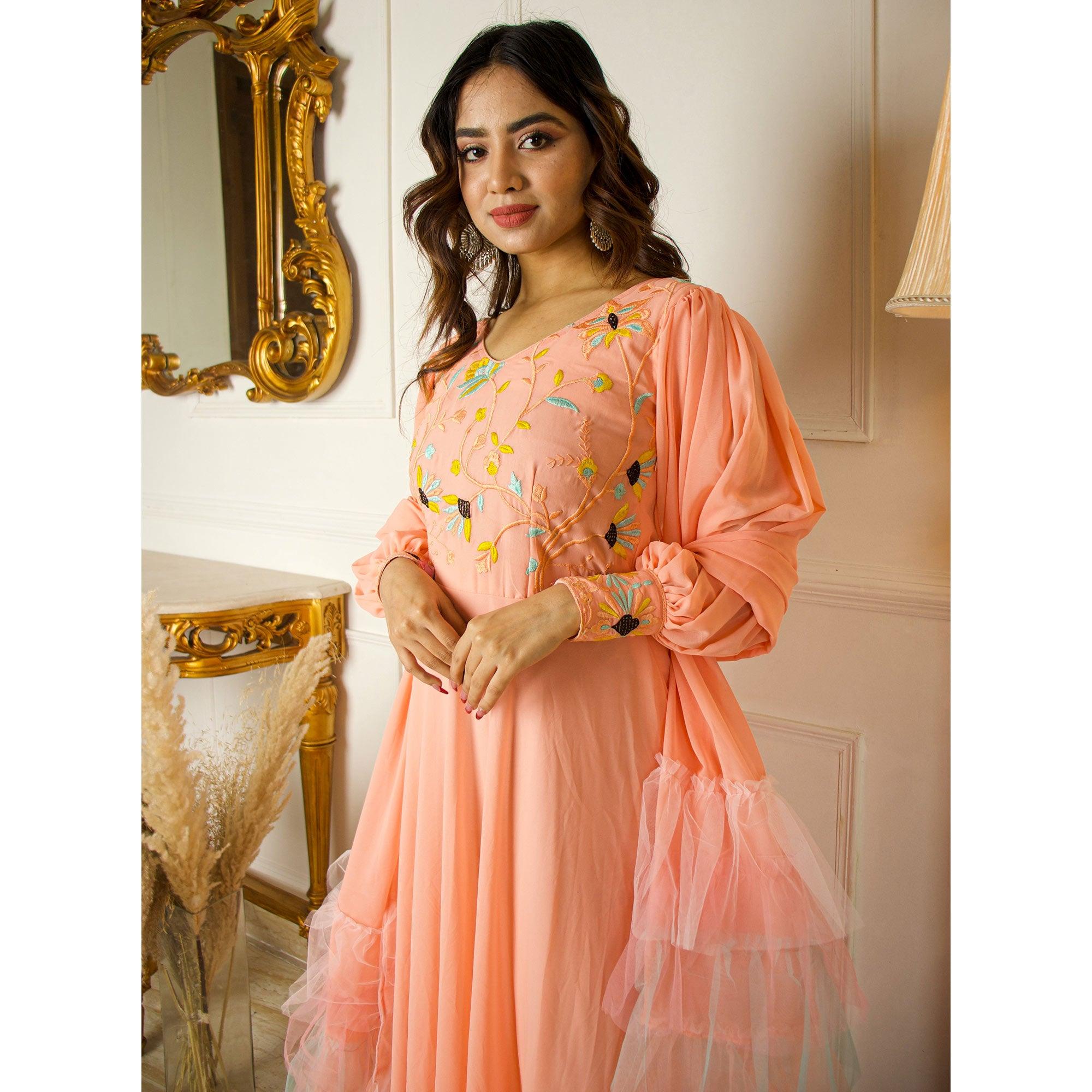 Peach Floral Embroidered With Side Open Sleeves Georgette Partywear Gown - Peachmode