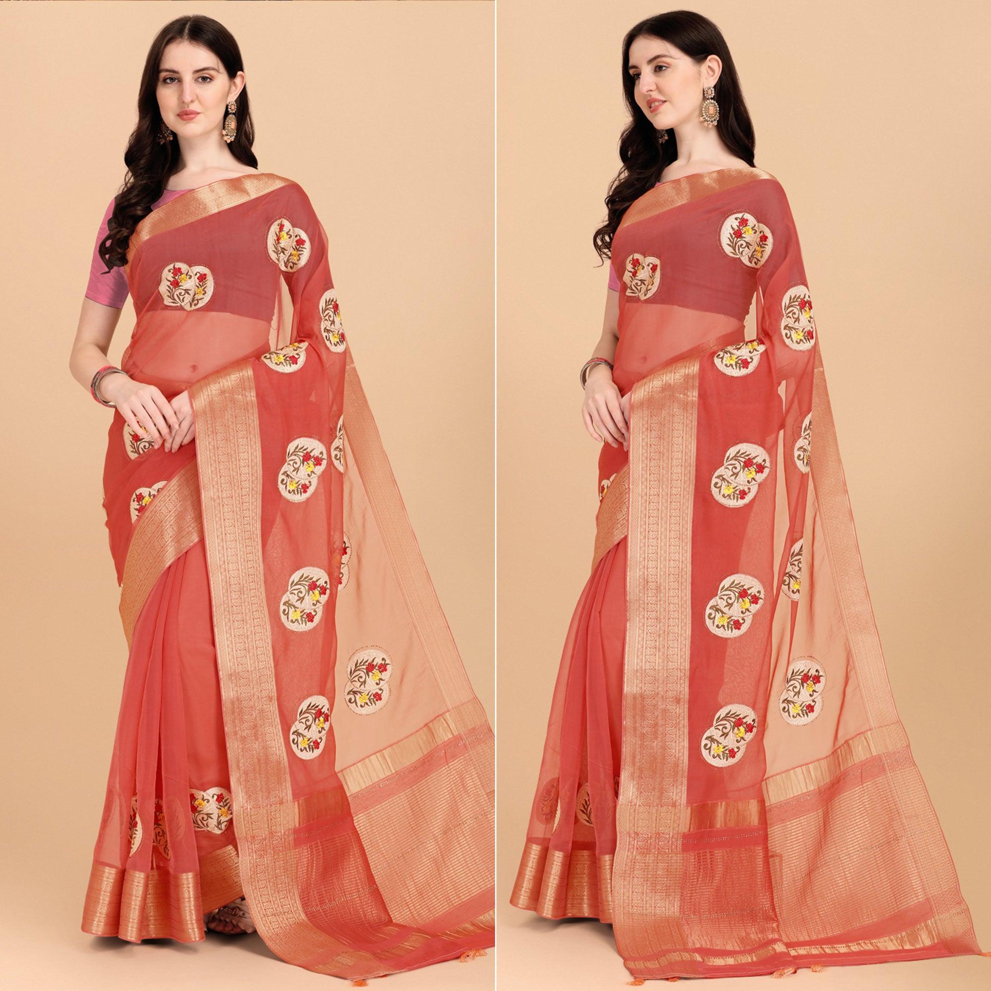 Peach Floral Embroidered With Stonework Organza Saree - Peachmode
