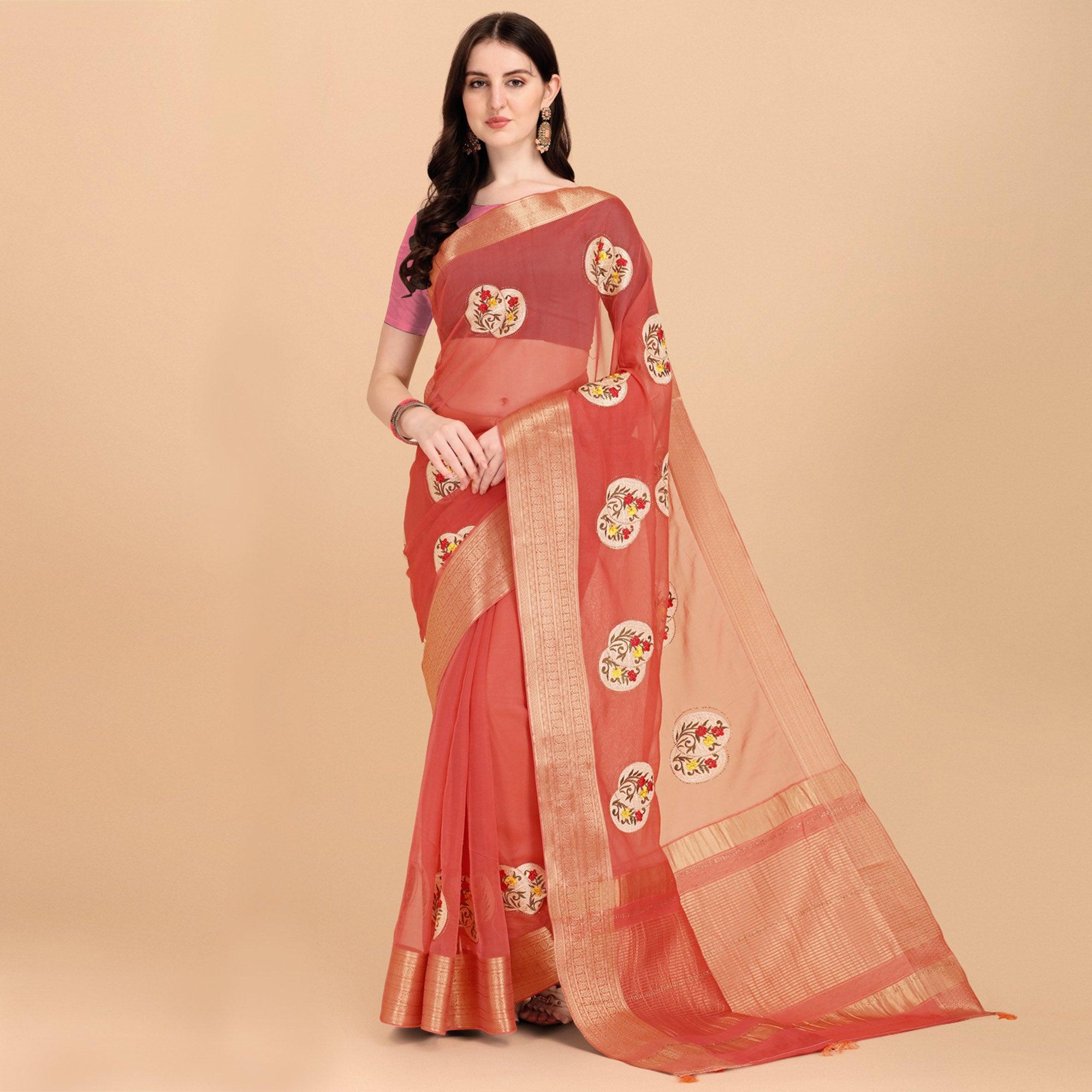 Peach Floral Embroidered With Stonework Organza Saree - Peachmode