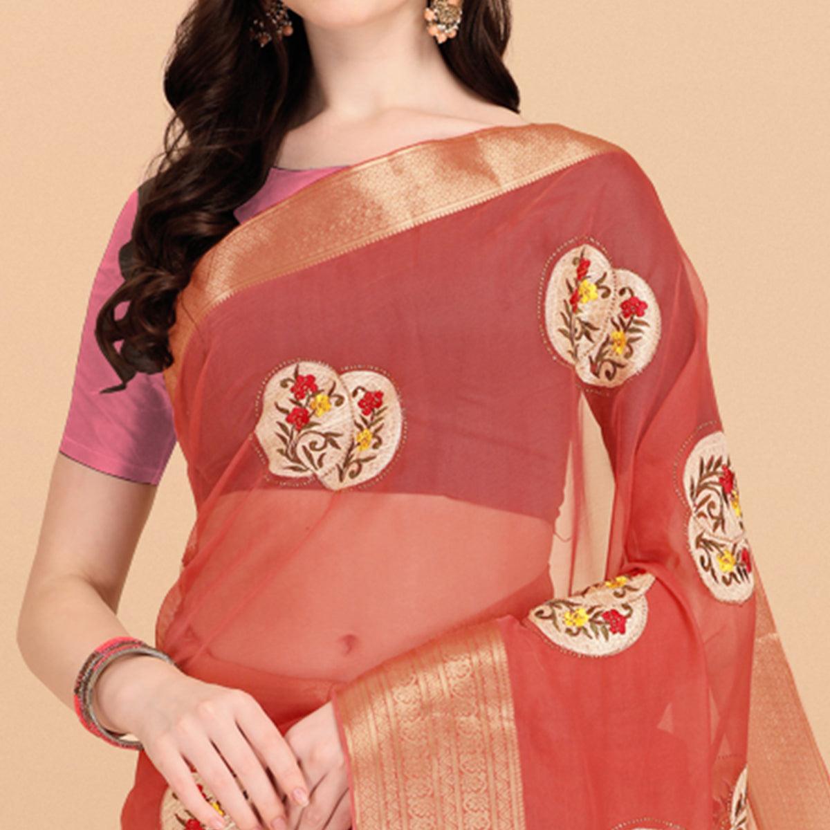 Peach Floral Embroidered With Stonework Organza Saree - Peachmode