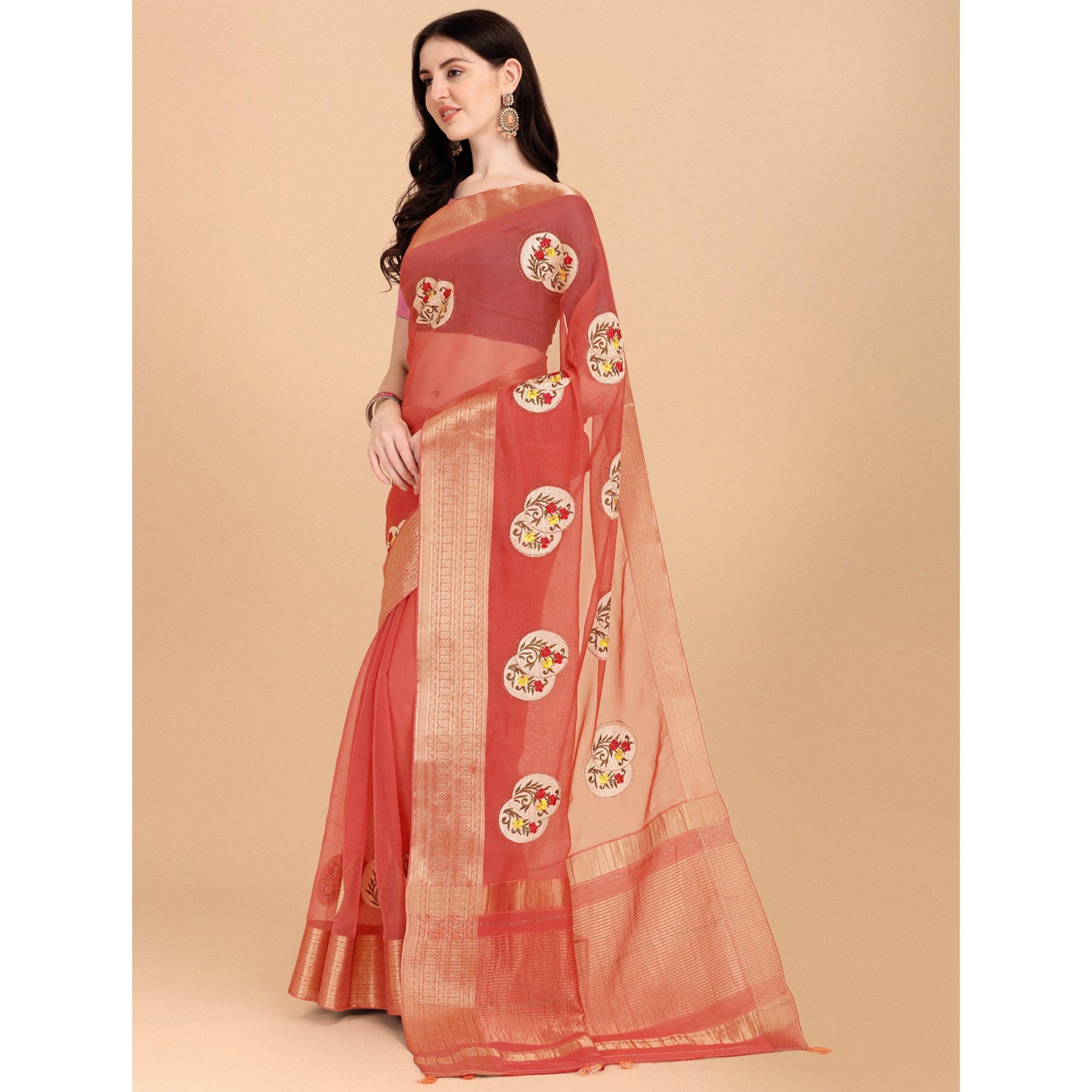 Peach Floral Embroidered With Stonework Organza Saree - Peachmode