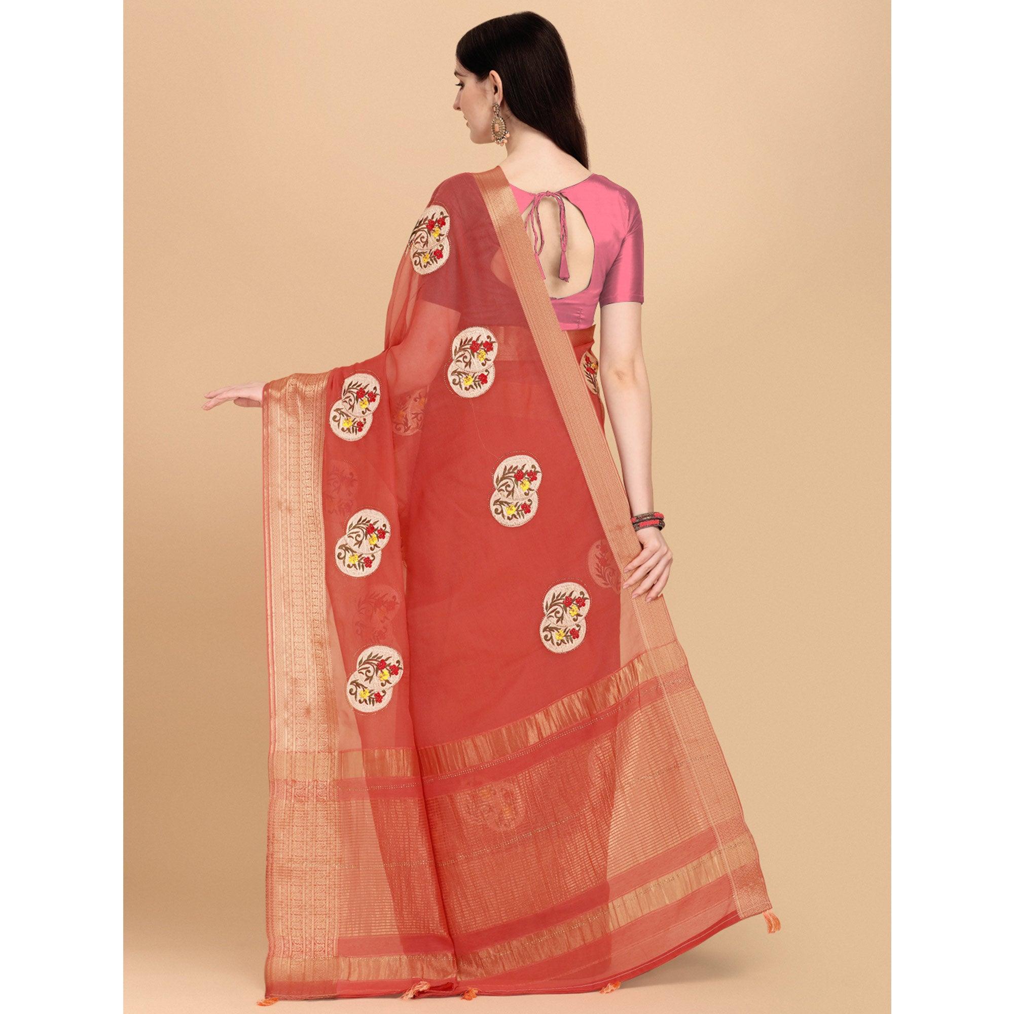 Peach Floral Embroidered With Stonework Organza Saree - Peachmode