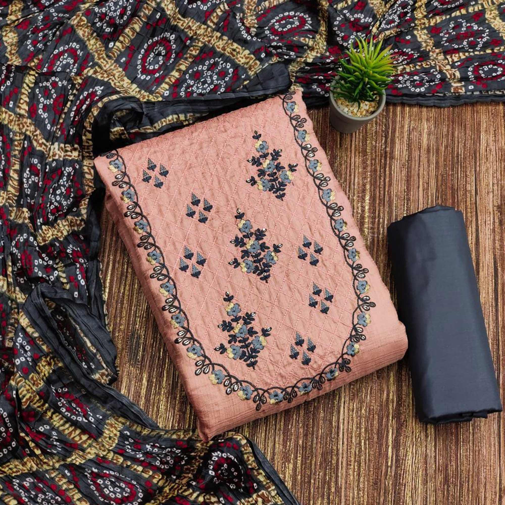 Peach Floral Emrboidered Pure Silk Dress Material - Peachmode