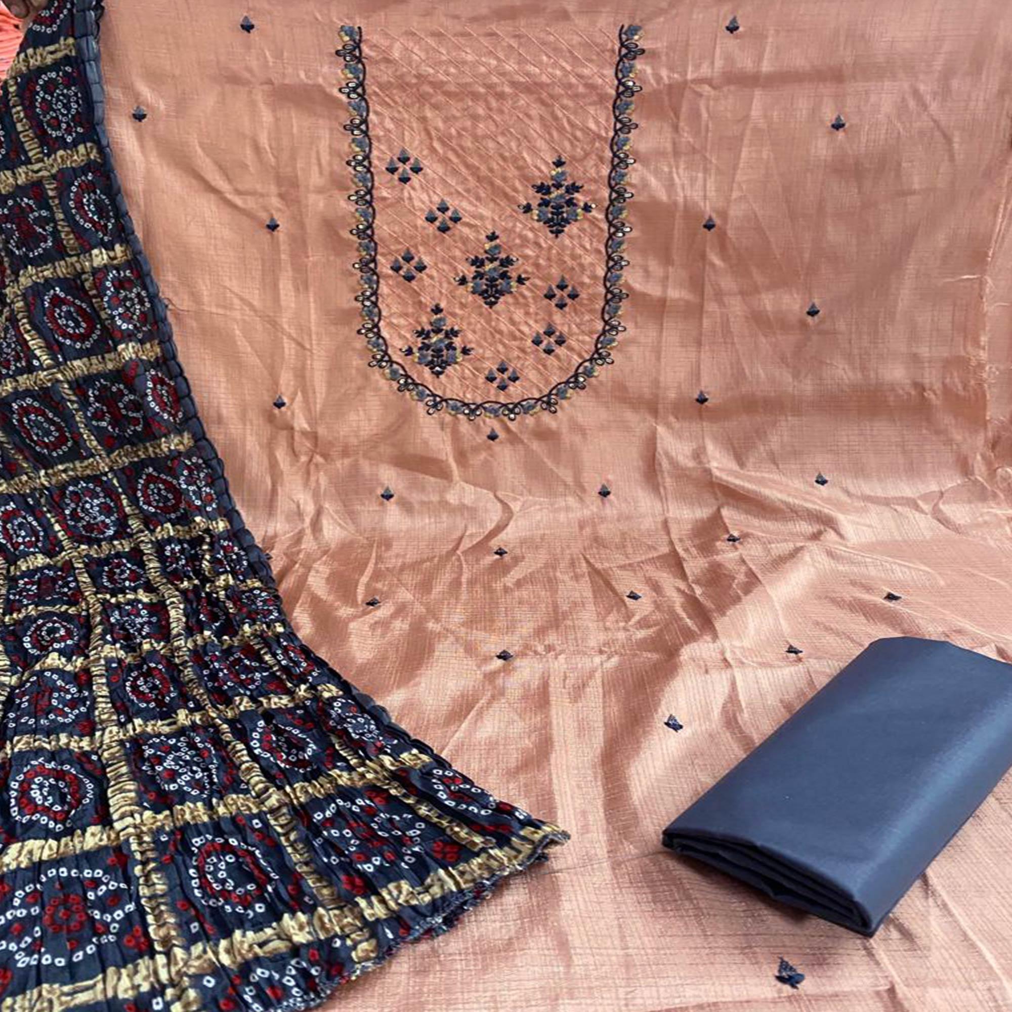 Peach Floral Emrboidered Pure Silk Dress Material - Peachmode
