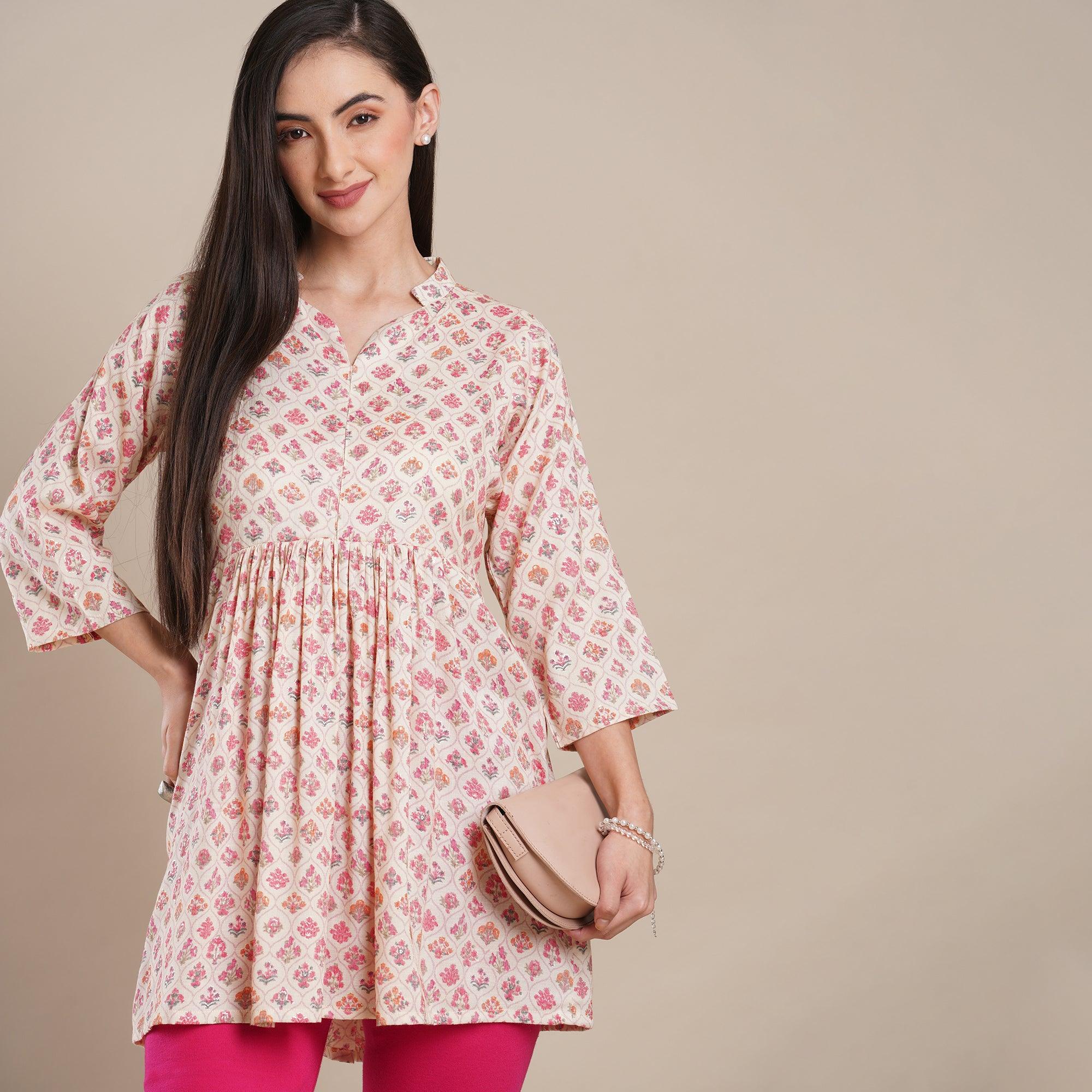 Peach Floral Foil Printed Rayon Top - Peachmode