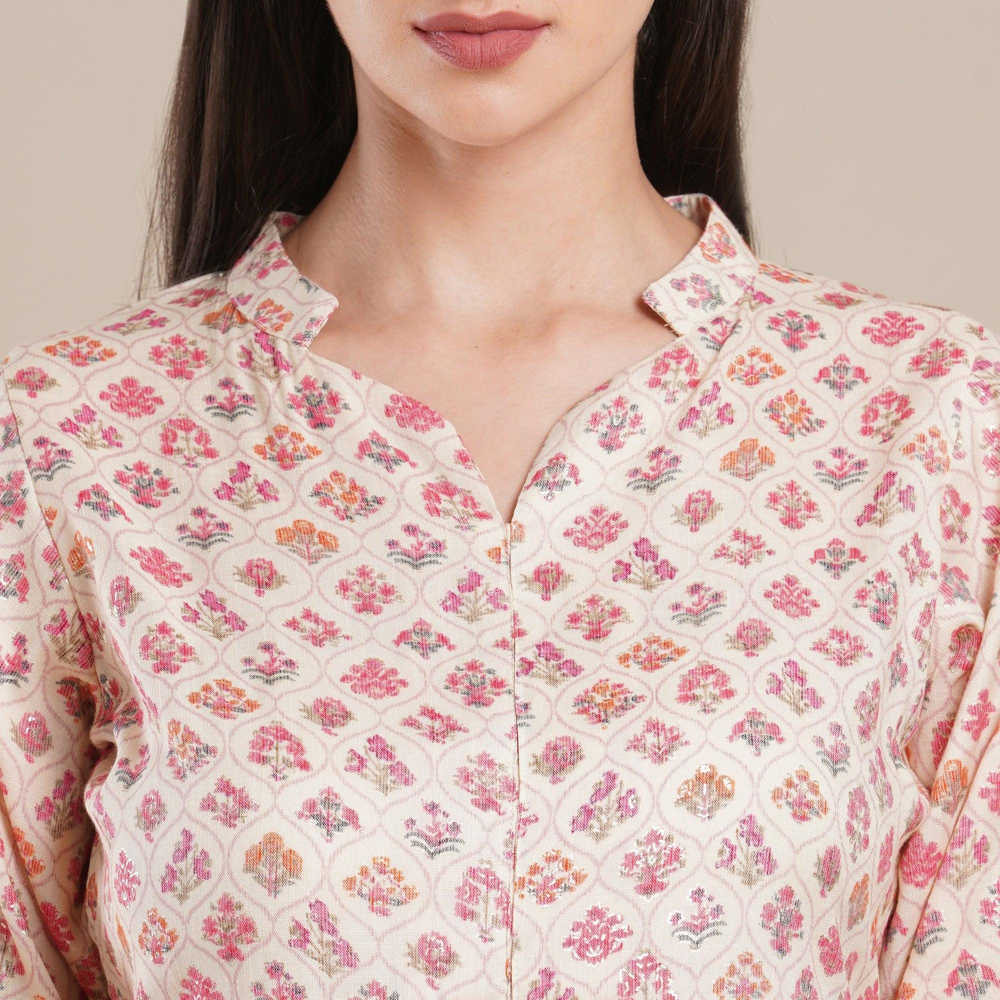 Peach Floral Foil Printed Rayon Top - Peachmode