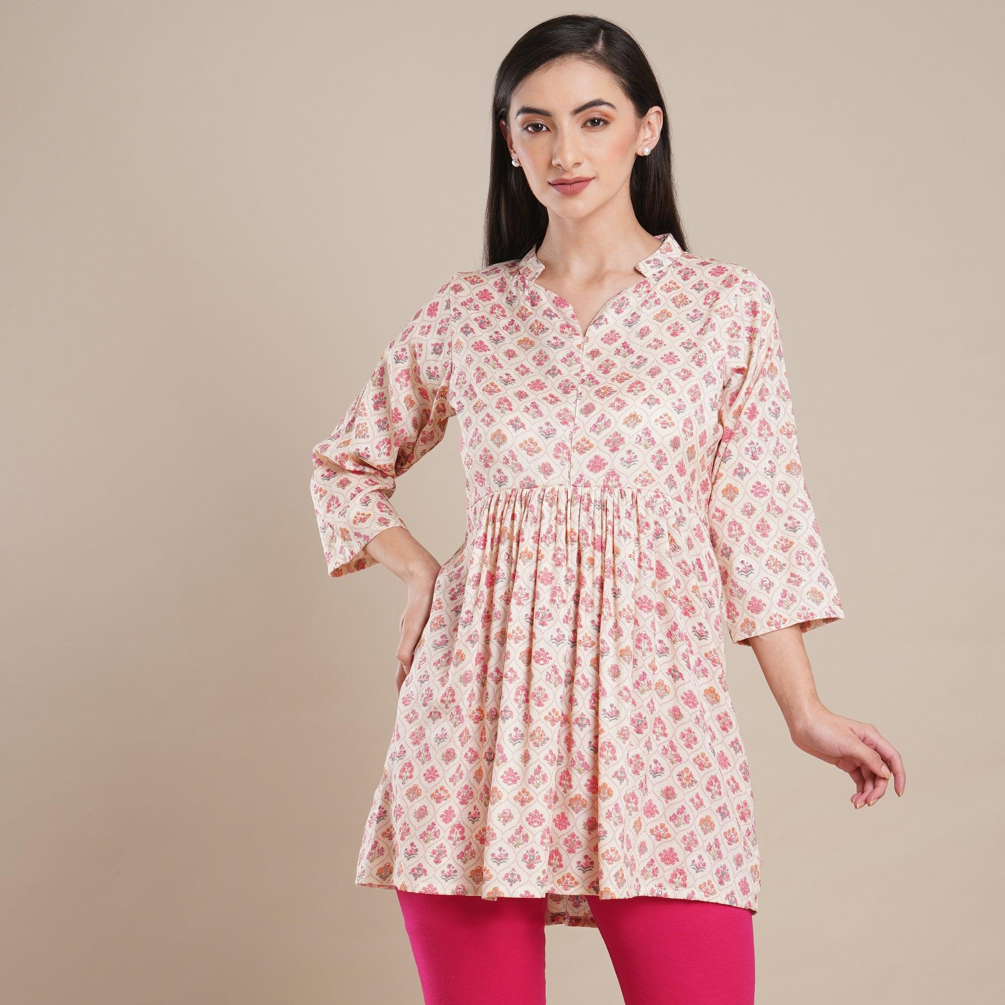 Peach Floral Foil Printed Rayon Top - Peachmode