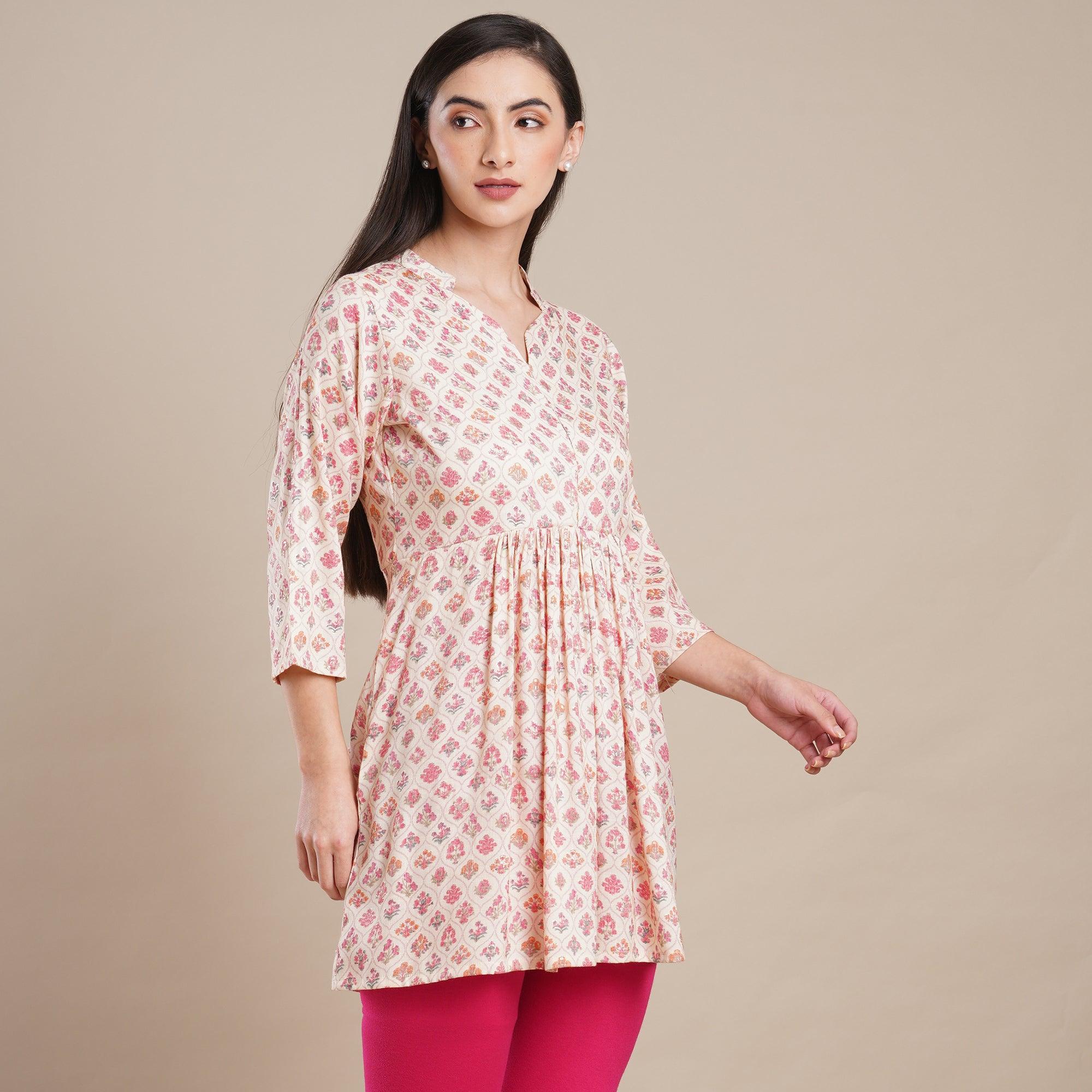 Peach Floral Foil Printed Rayon Top - Peachmode