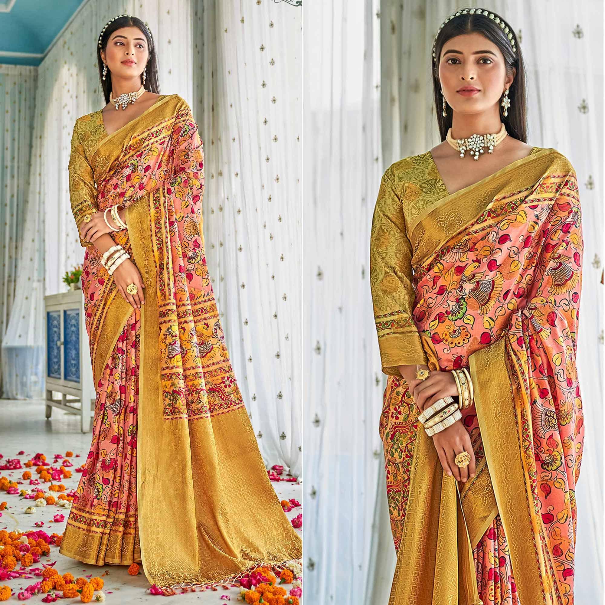 Peach Floral Printed Art Silk Saree - Peachmode