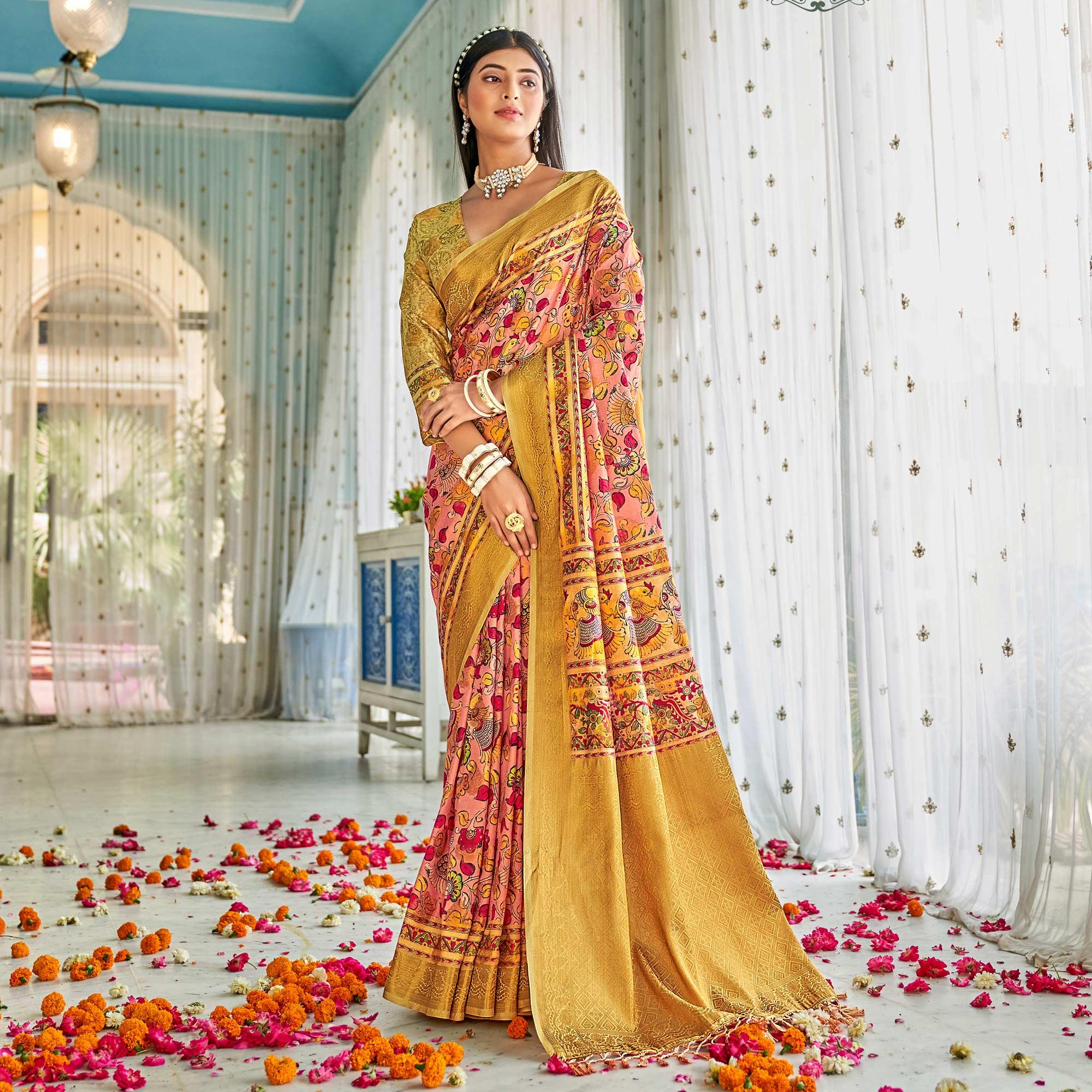 Peach Floral Printed Art Silk Saree - Peachmode