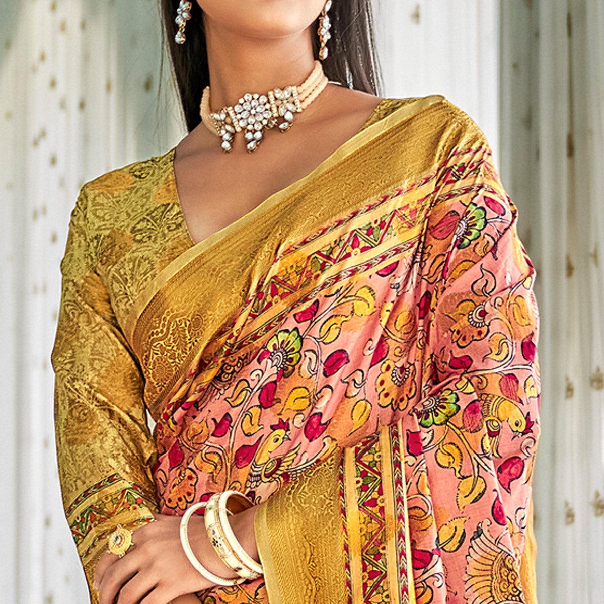 Peach Floral Printed Art Silk Saree - Peachmode