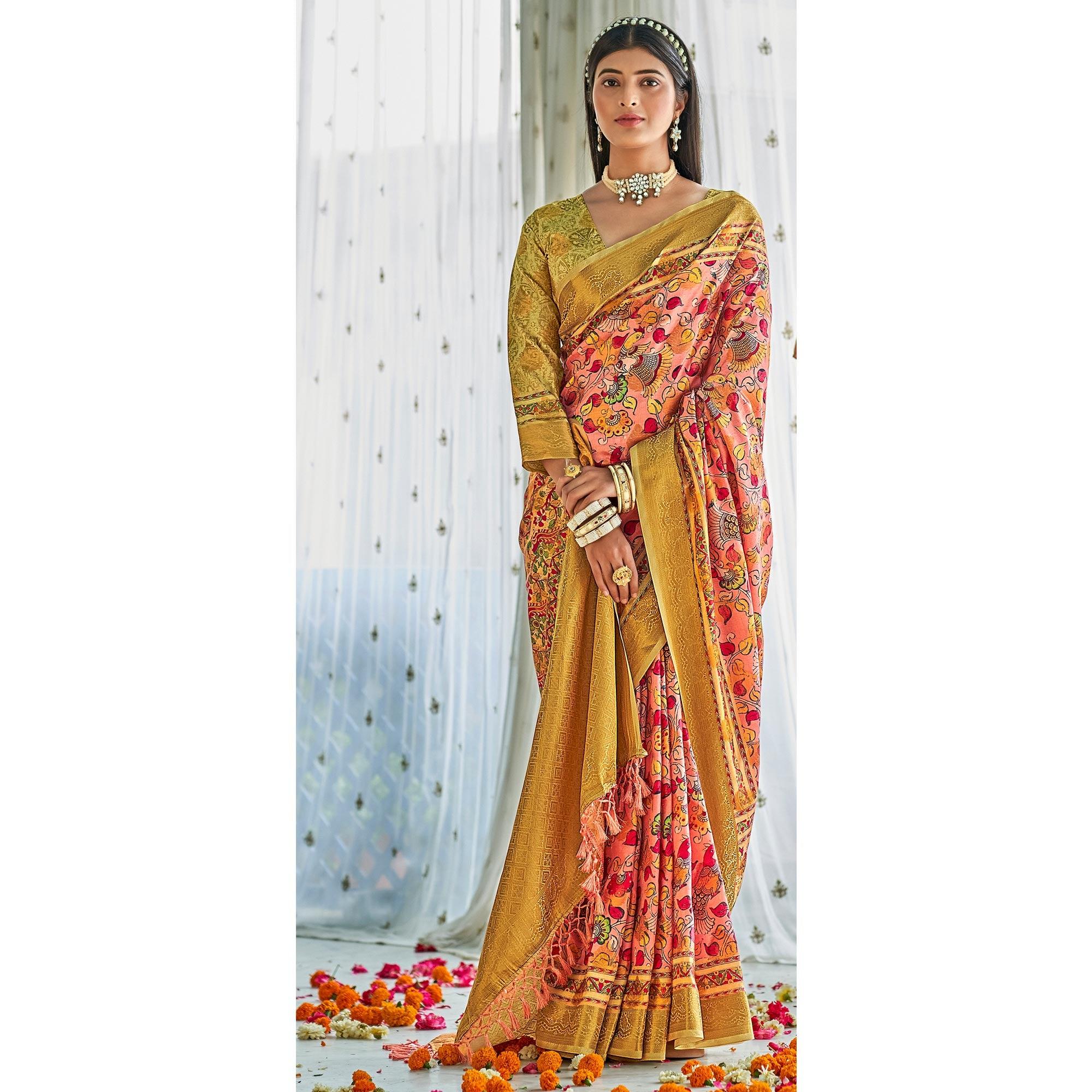 Peach Floral Printed Art Silk Saree - Peachmode