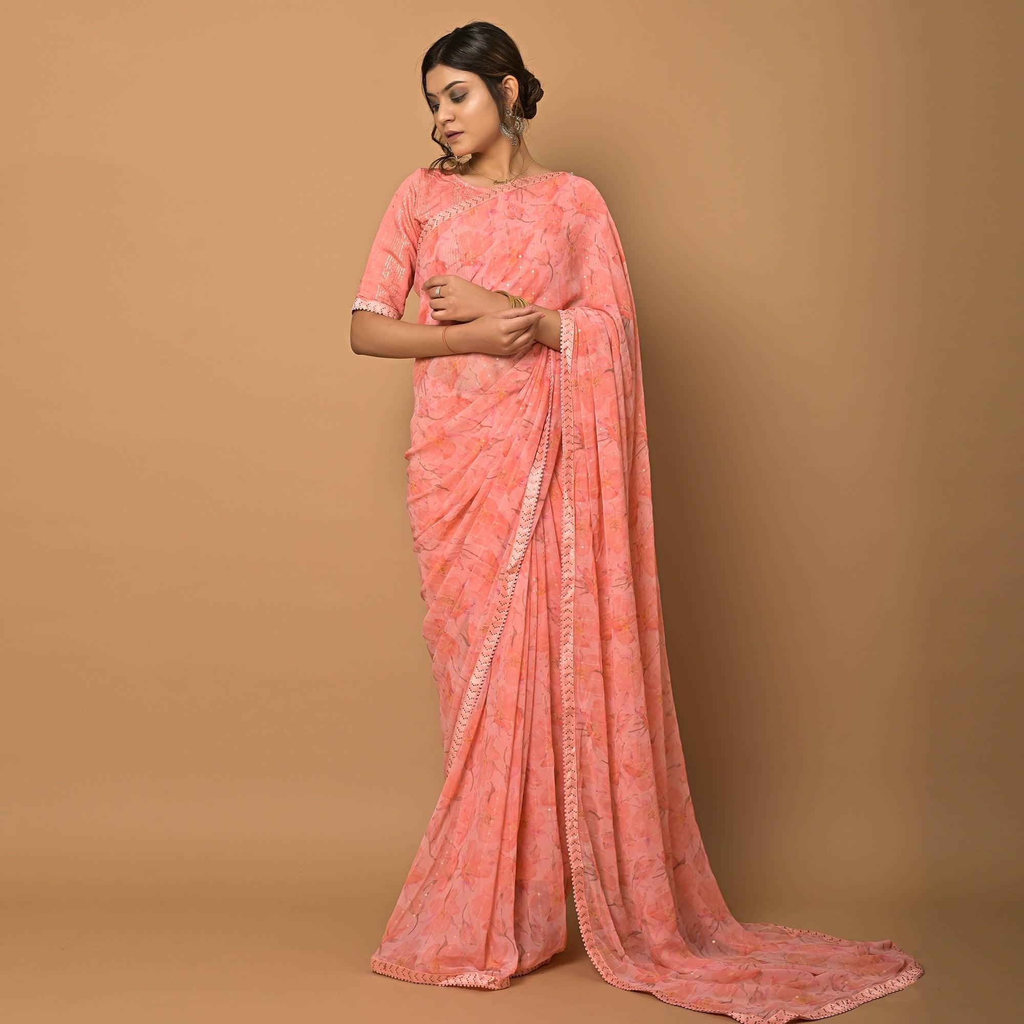 Peach Floral Printed Georgette Saree - Peachmode