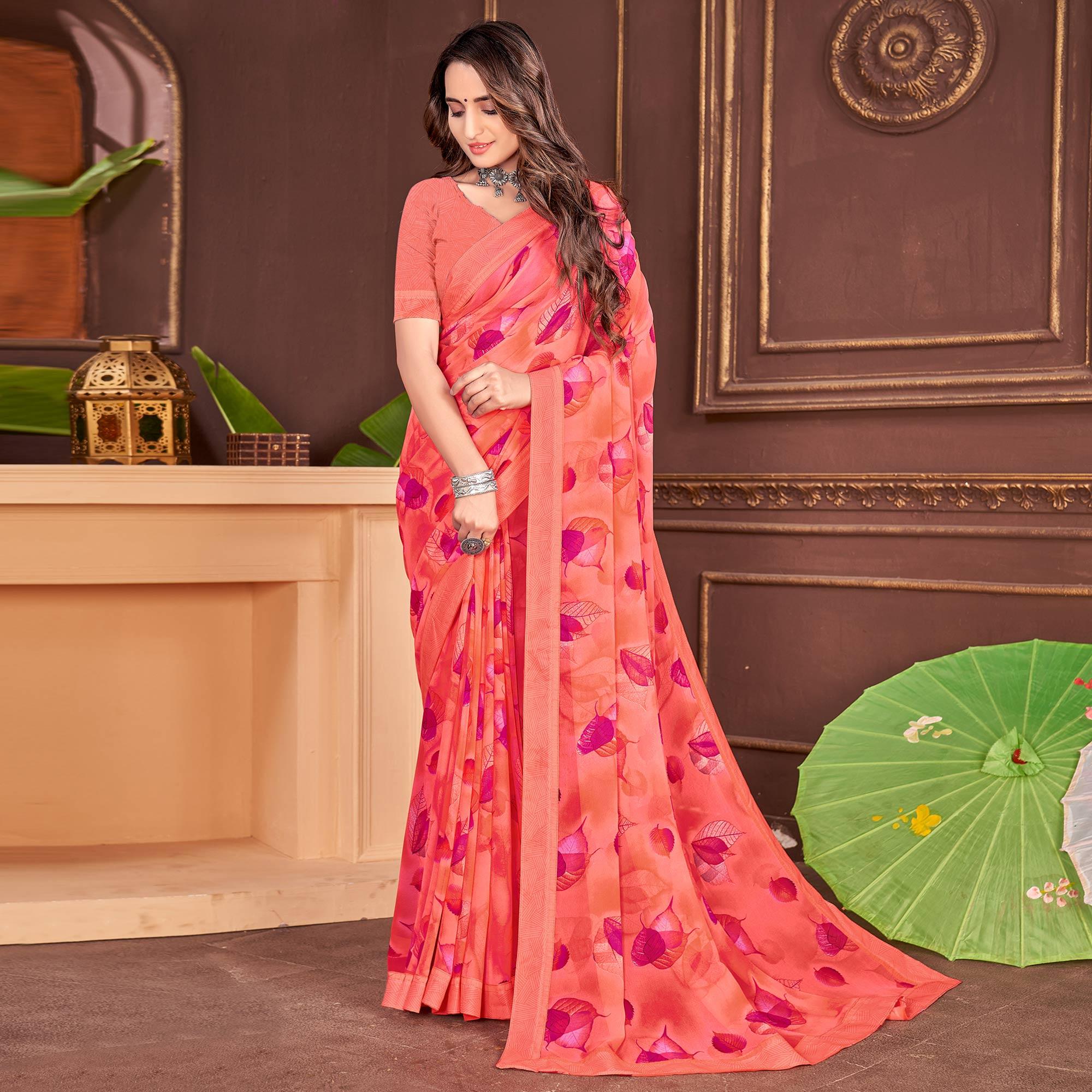 Peach Floral Printed Georgette Saree - Peachmode
