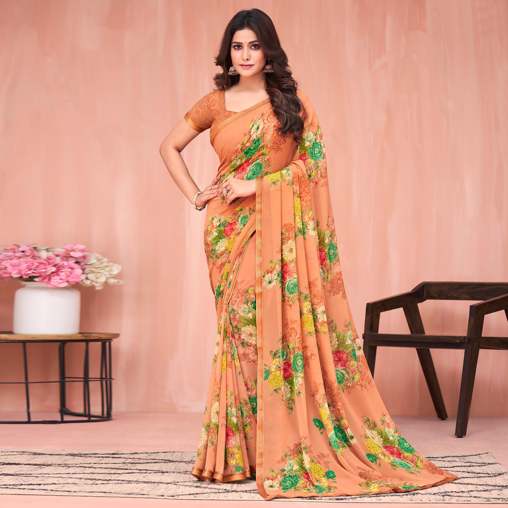 Peach Floral Printed Georgette Saree - Peachmode