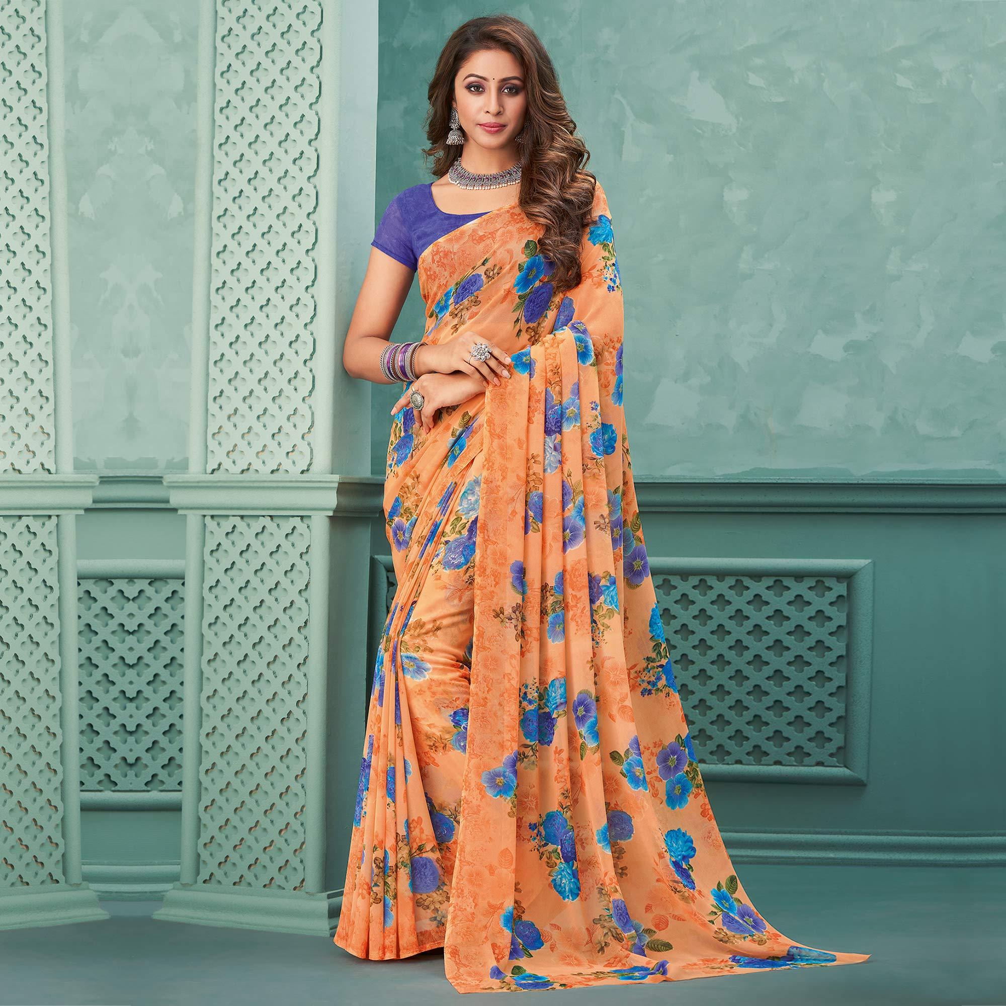 Peach Floral Printed Georgette Saree - Peachmode