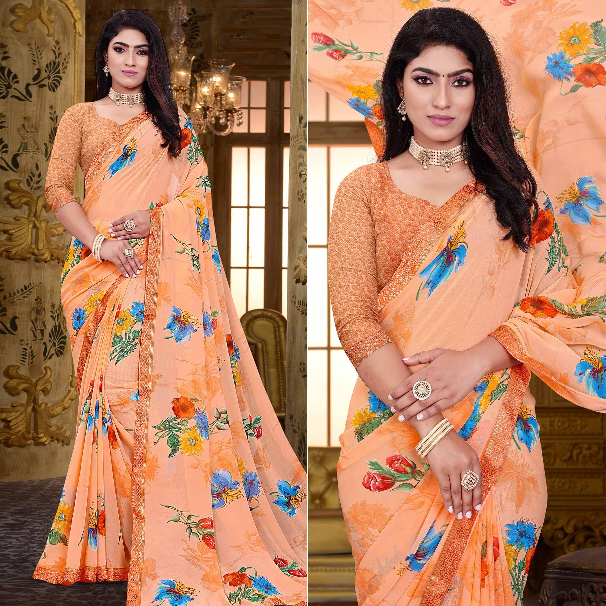 Peach Floral Printed Georgette Saree - Peachmode
