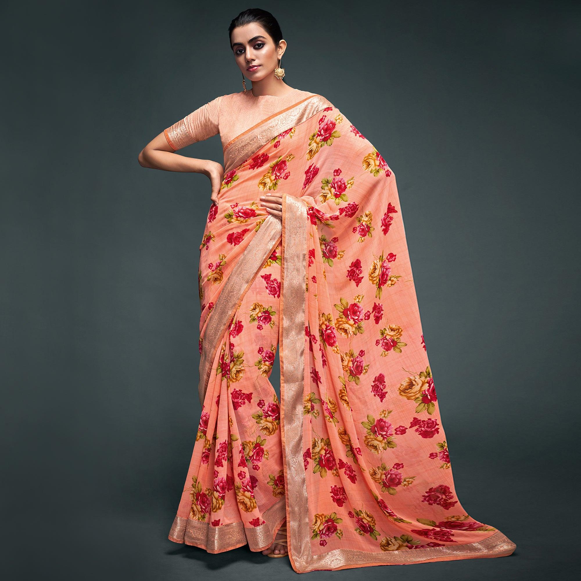 Peach Floral Printed Georgette Saree - Peachmode