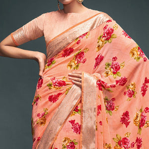 Peach Floral Printed Georgette Saree - Peachmode
