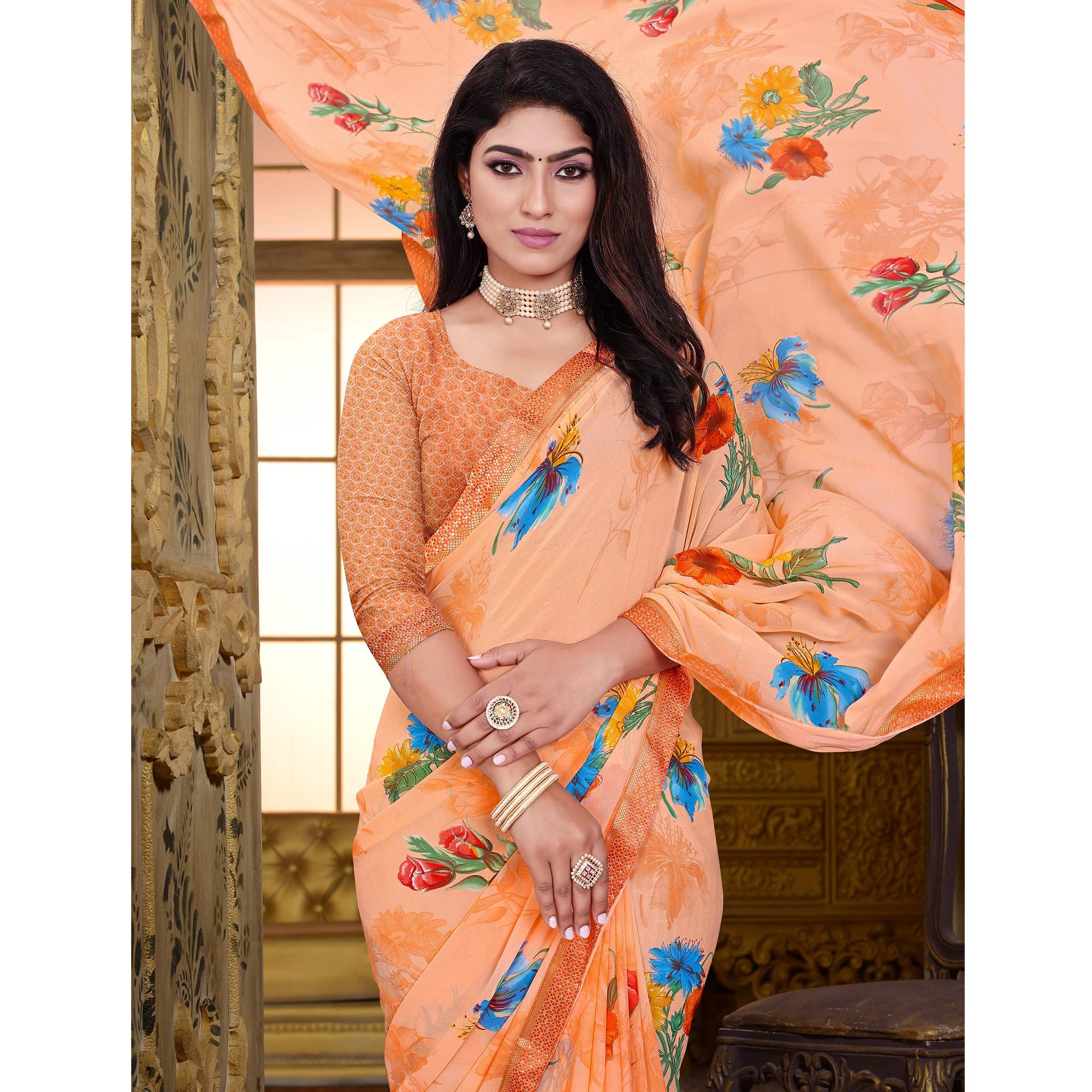 Peach Floral Printed Georgette Saree - Peachmode