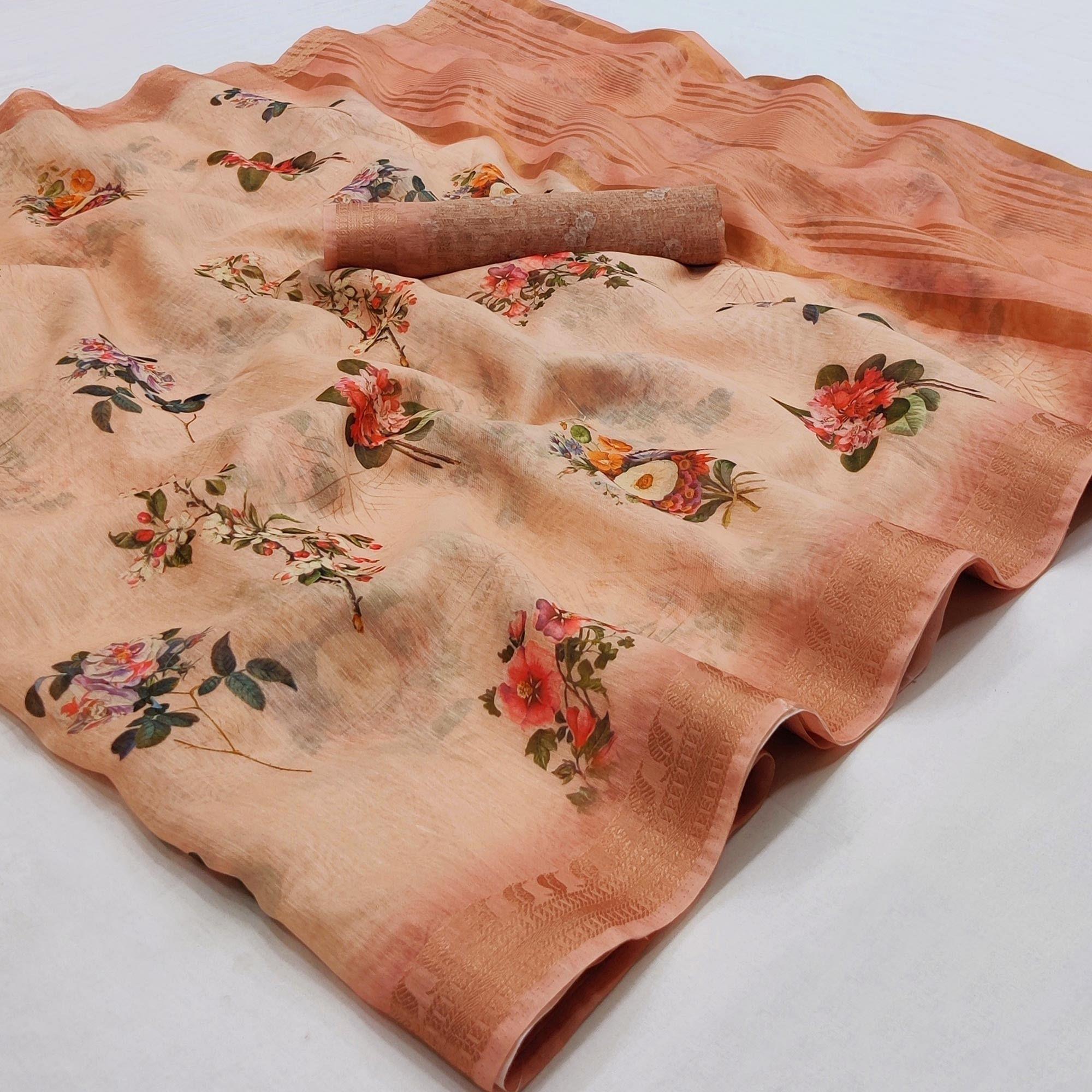 Peach Floral Printed Linen Saree - Peachmode