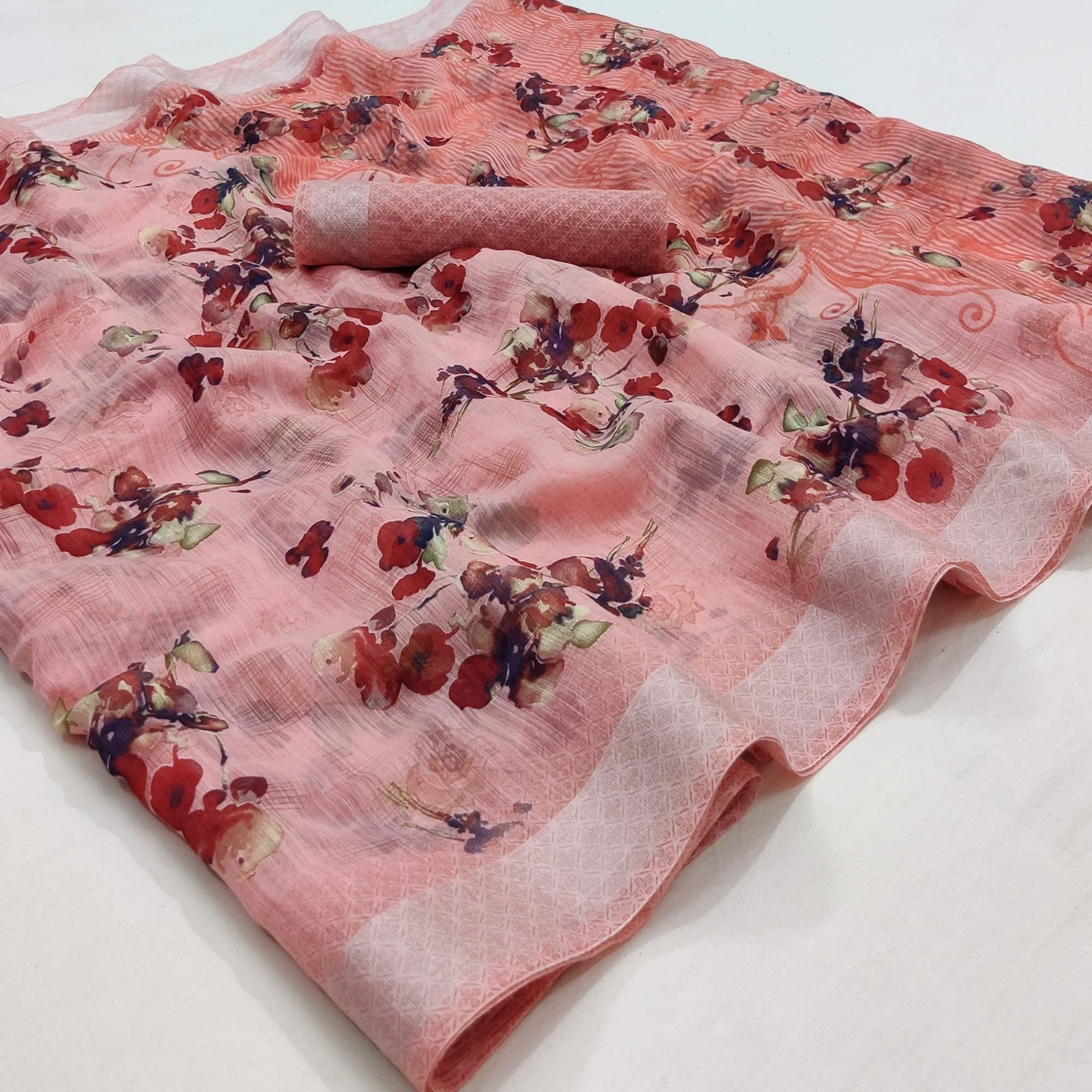 Peach Floral Printed Linen Saree - Peachmode