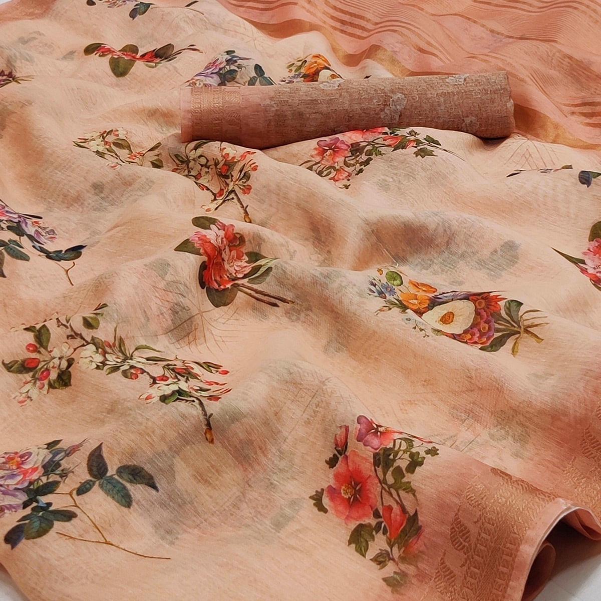 Peach Floral Printed Linen Saree - Peachmode