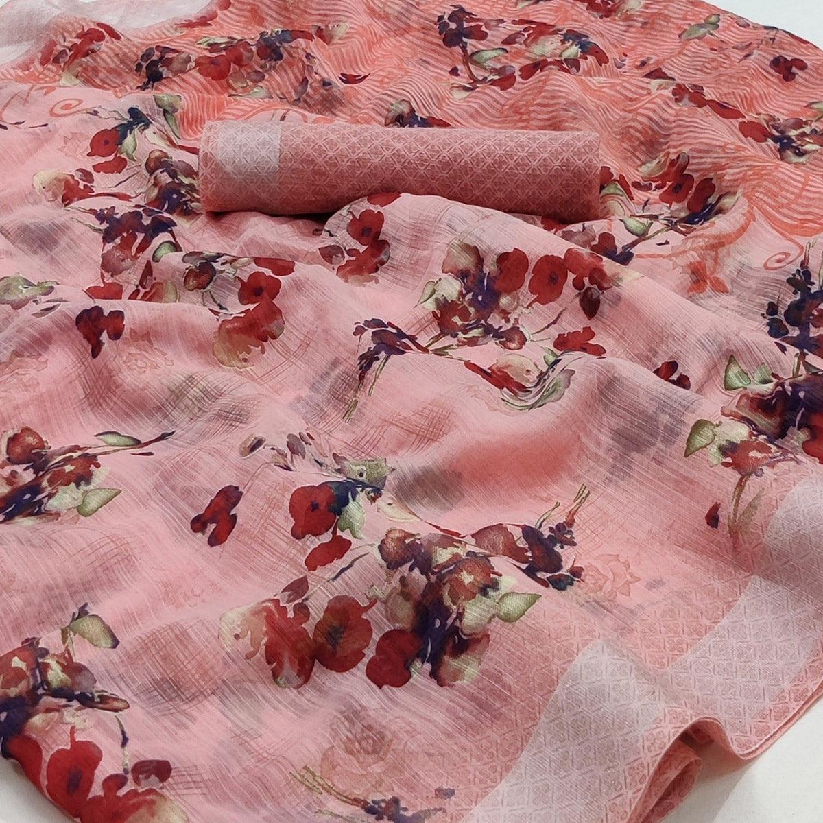 Peach Floral Printed Linen Saree - Peachmode
