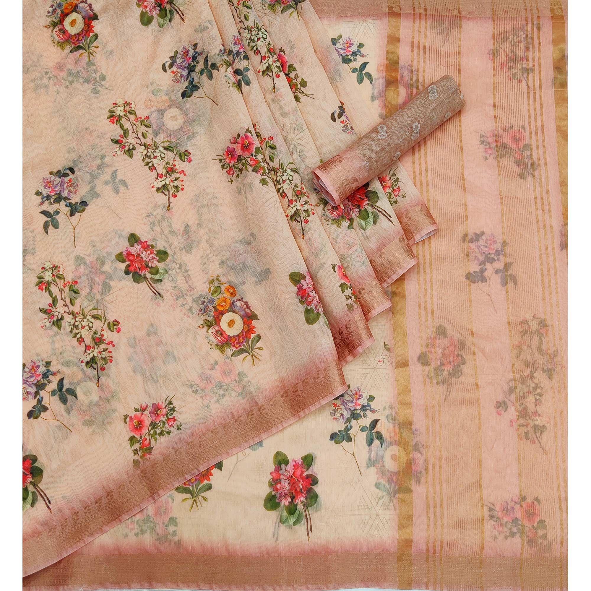 Peach Floral Printed Linen Saree - Peachmode