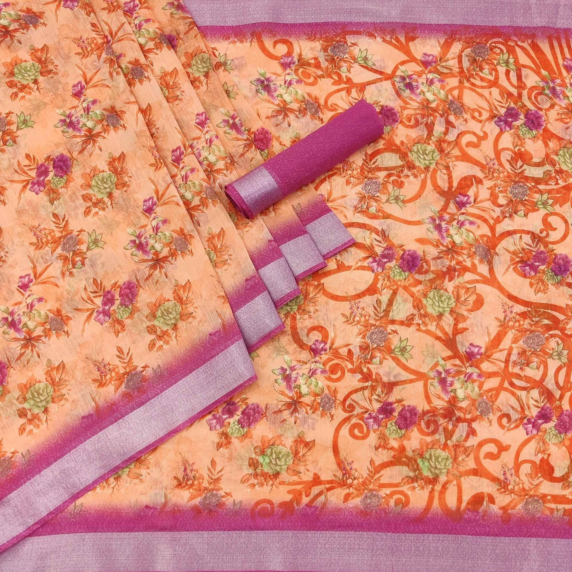 Peach Floral Printed Linen Saree - Peachmode