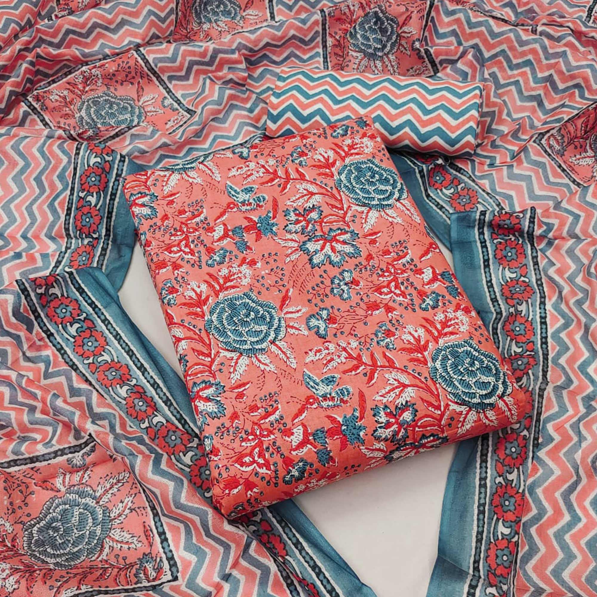 Peach Floral Printed Pure Cotton Dress Material - Peachmode